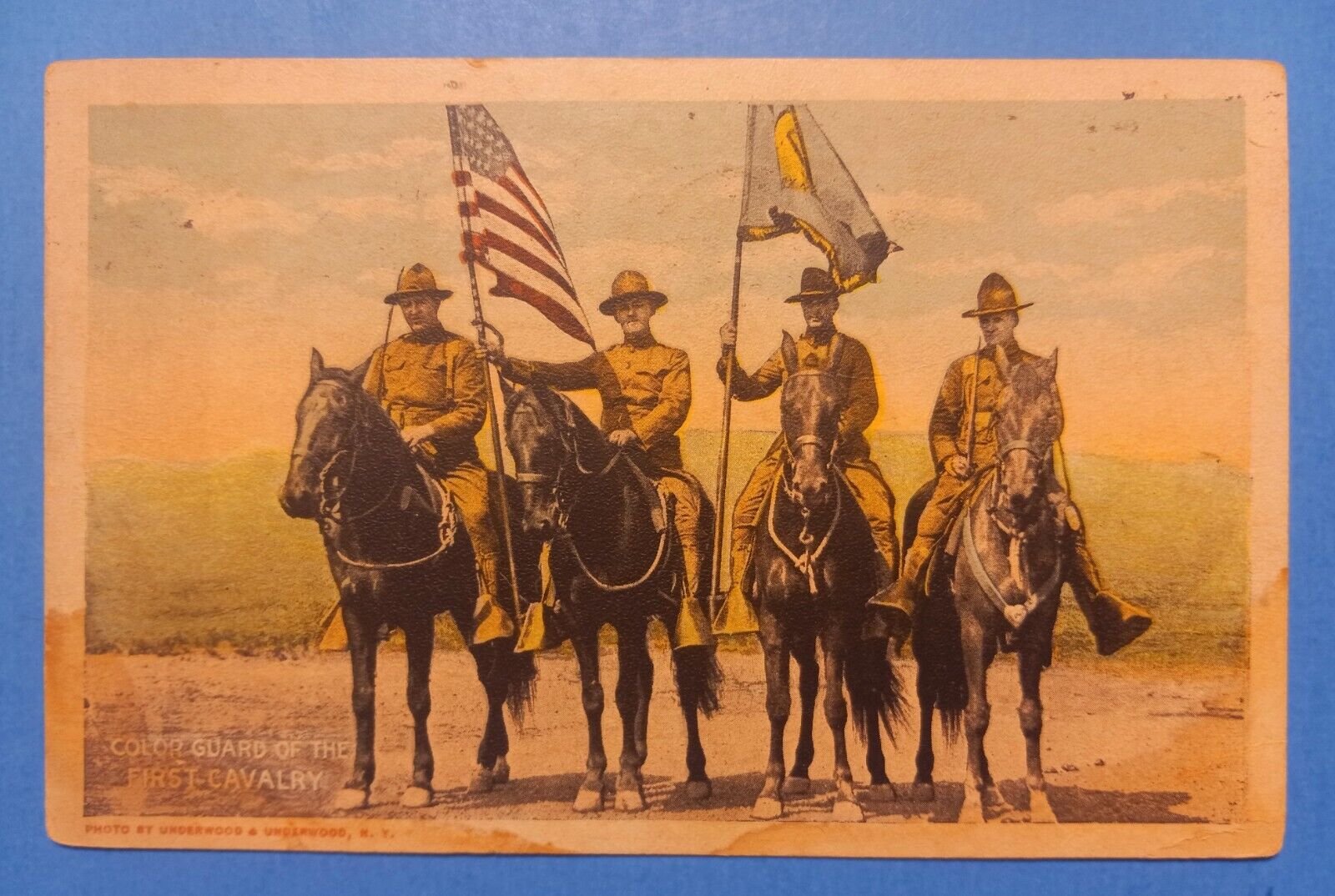 c1920\'s Color Guard Of The First Cavalry Soldiers Horse Flags WW1 Postcard