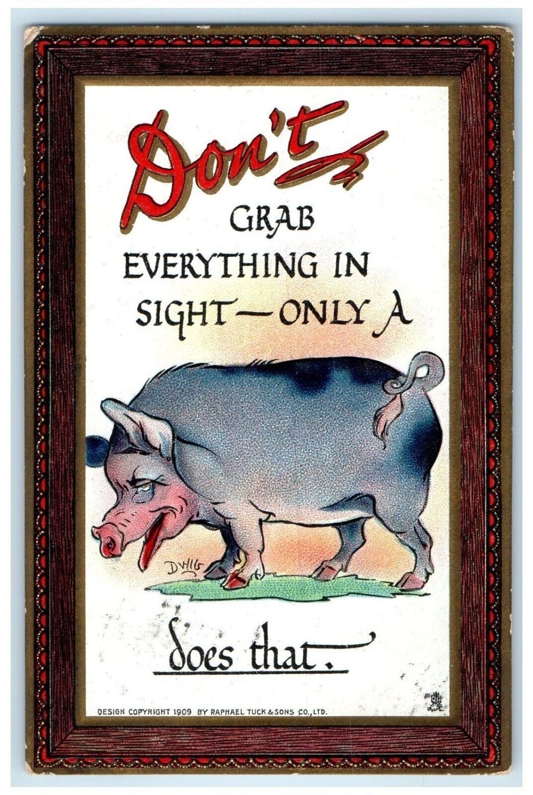 c1910s Don\'t Grab Everything In Sight Pig Dwig Tuck\'s Russell Kansas KS Postcard