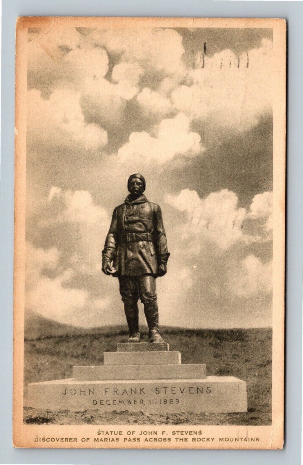 Glacier County MT, Statue John Frank Stevens, Montana c1933 Vintage Postcard