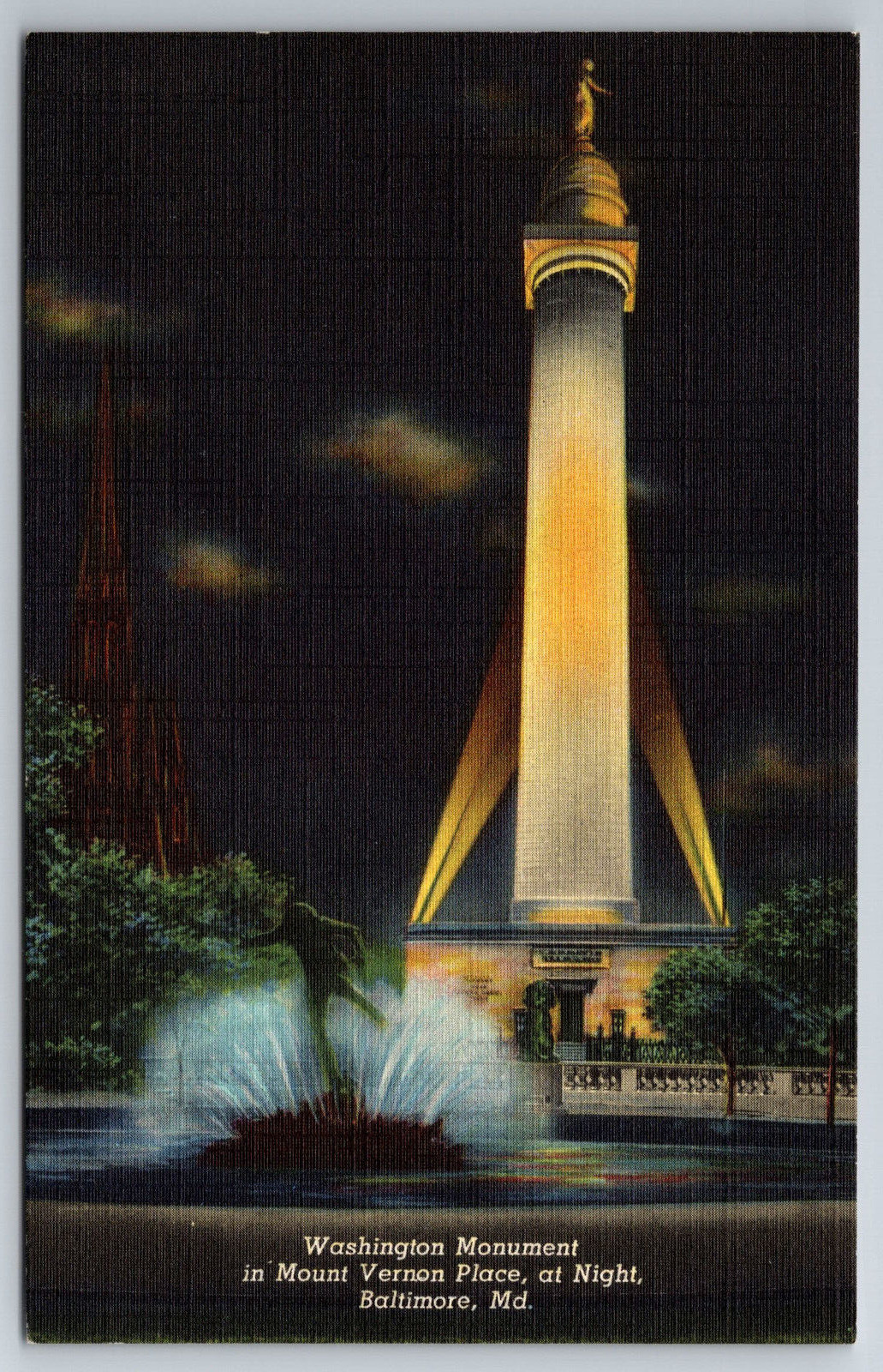 Vintage Postcard MD Baltimore Washington Monument At Night Linen -13031