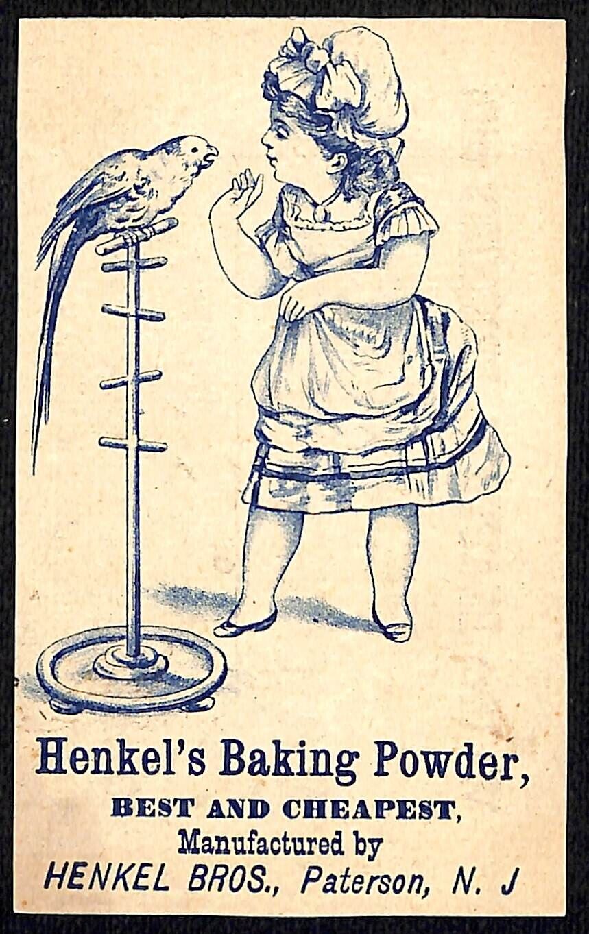 Henkel\'s Baking Powder Paterson, NJ Victorian Trade Card Girl Plays w/ Parrot