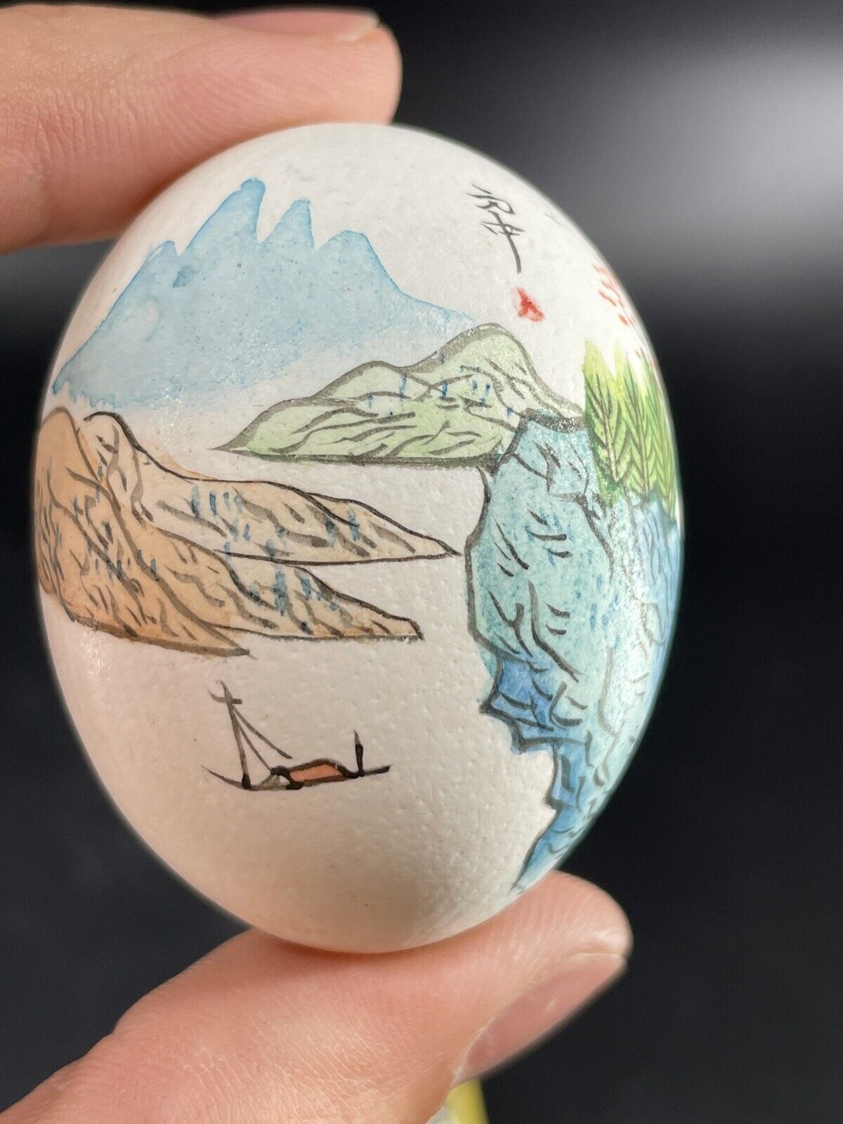 Vintage Asian Hand Painted Real Egg With Coastal Scene