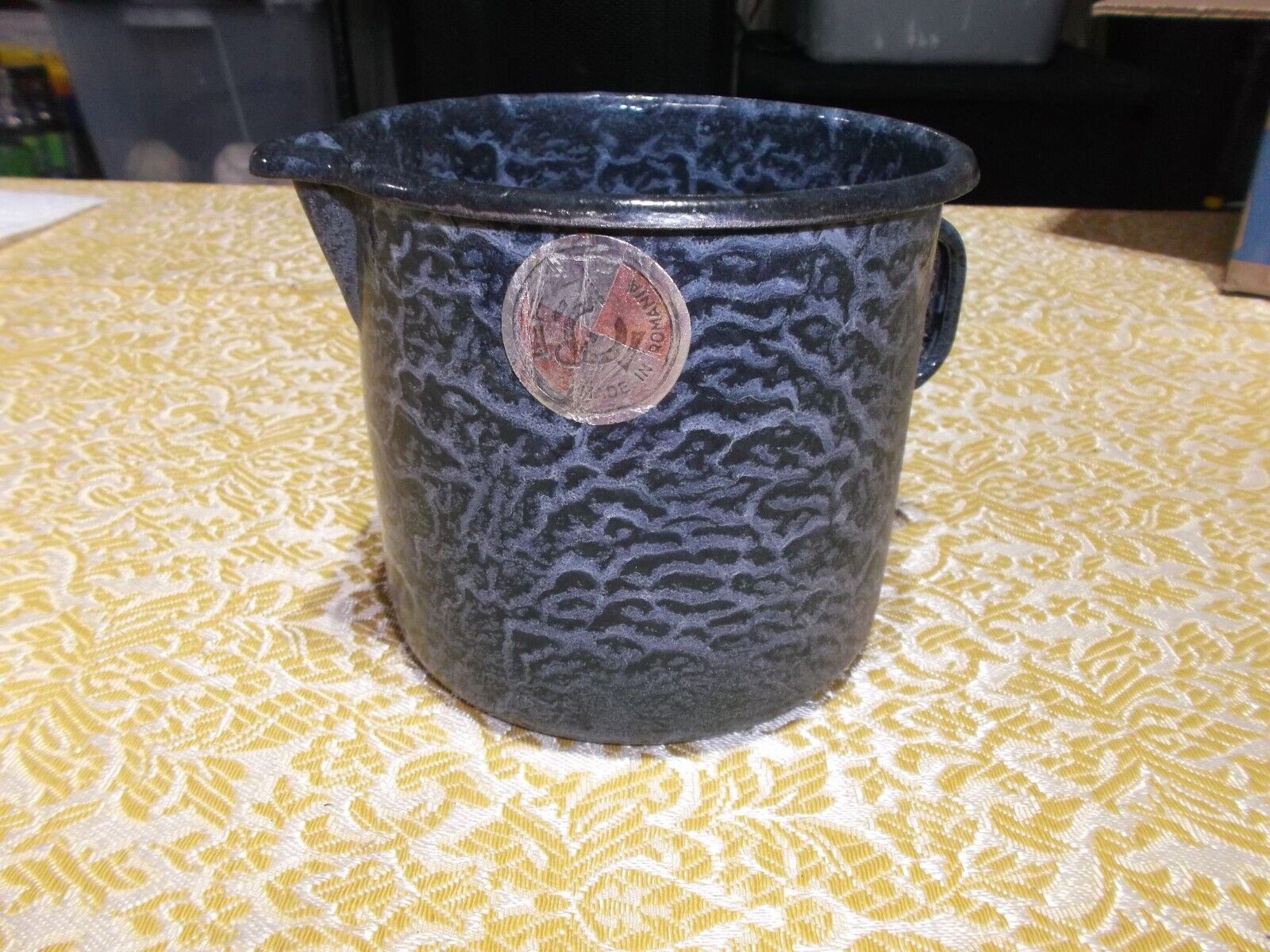 Vintage Blue Enamelware Pot With Handle Romania Label Unusual Pattern
