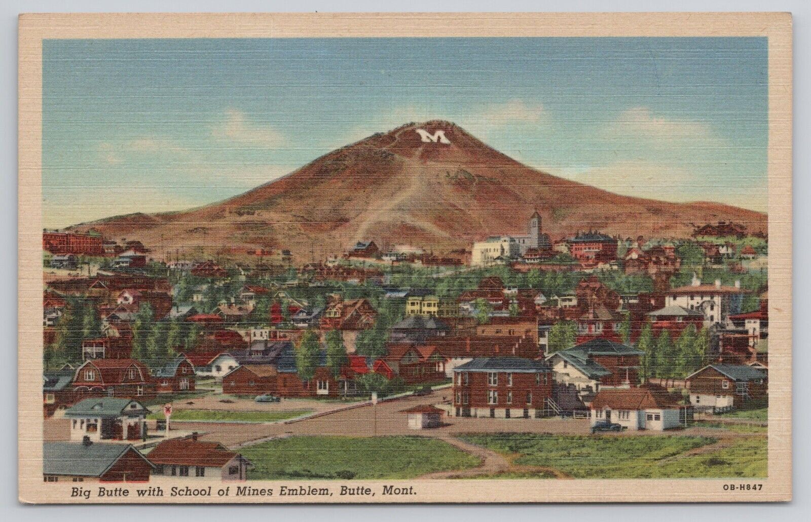 Big Butte with School of Mines Emblem Butte Montana MT Vintage Linen Postcard