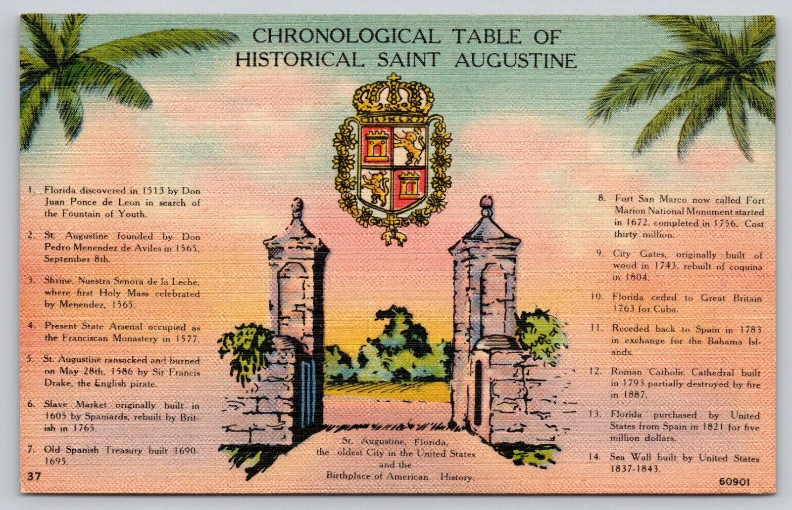 Postcard FL St Augustine Chronological Table Of St Augustine Florida UNP A15