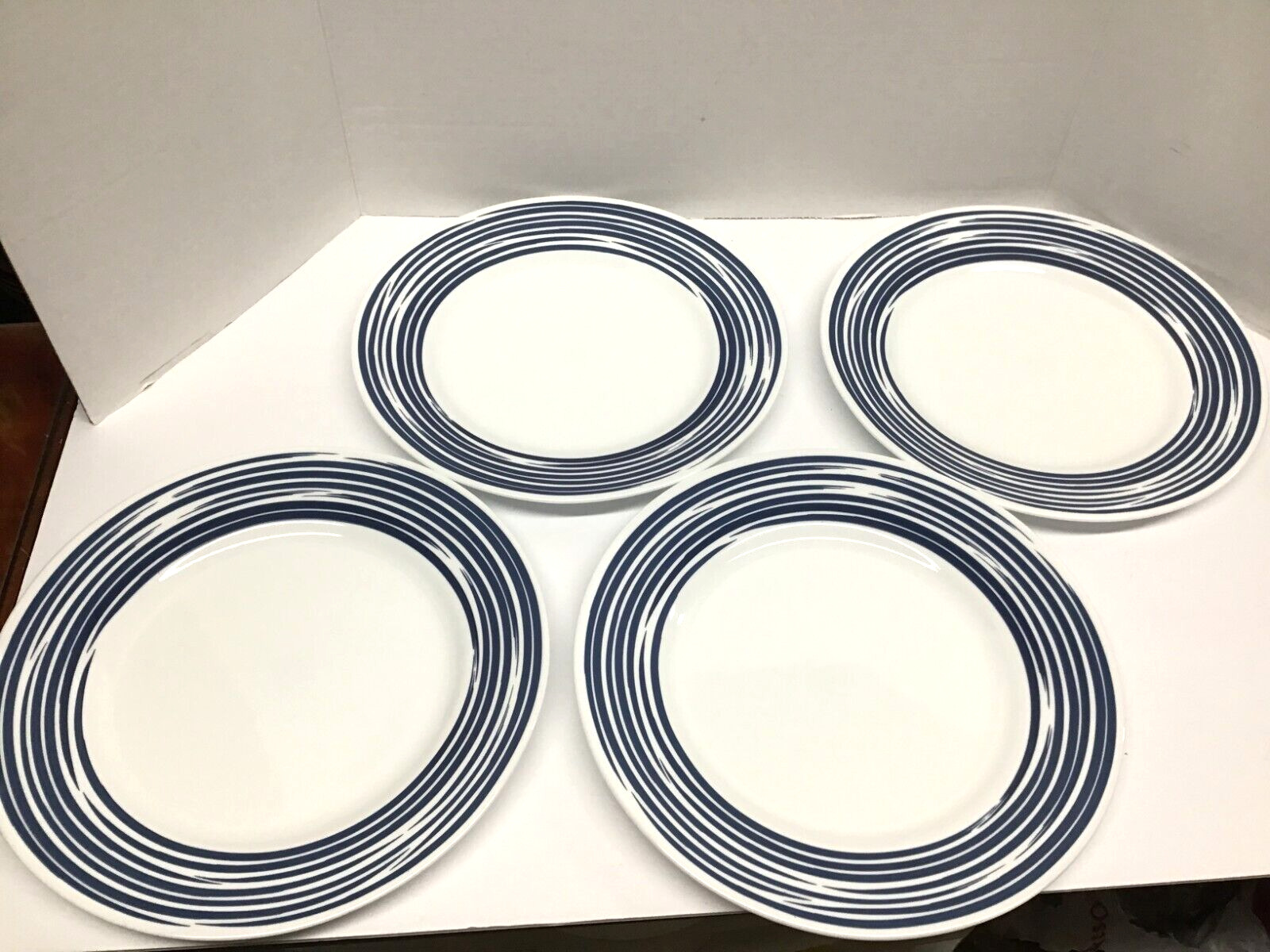 Correlle Vitrelle 10.75 inch Cobalt Blue Multi Ring Trim Dinner Plates Set of 4
