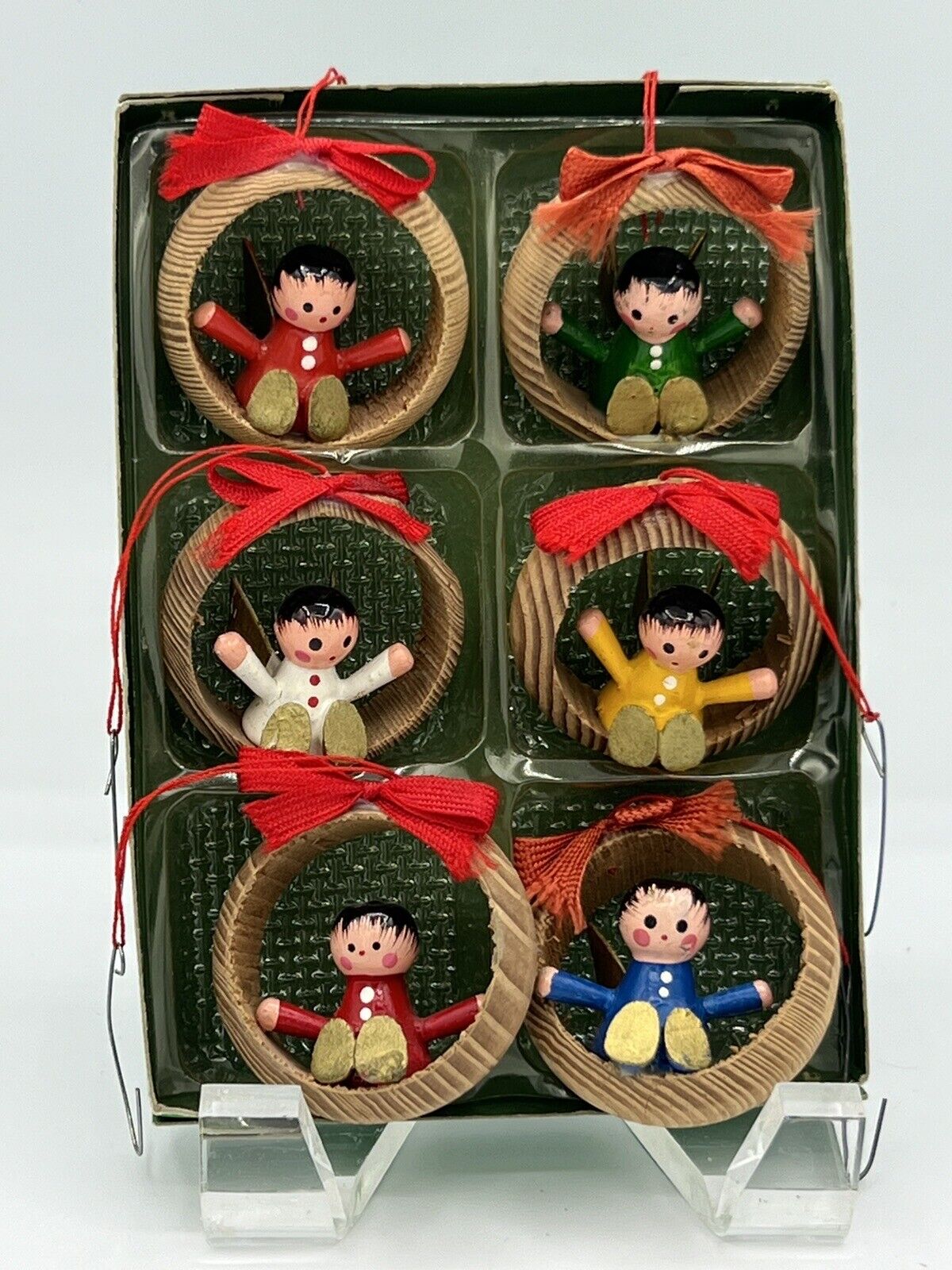 VTG West Germany Christmas Ornaments Wooden Angels Set/6 Miniature Org Box 1984