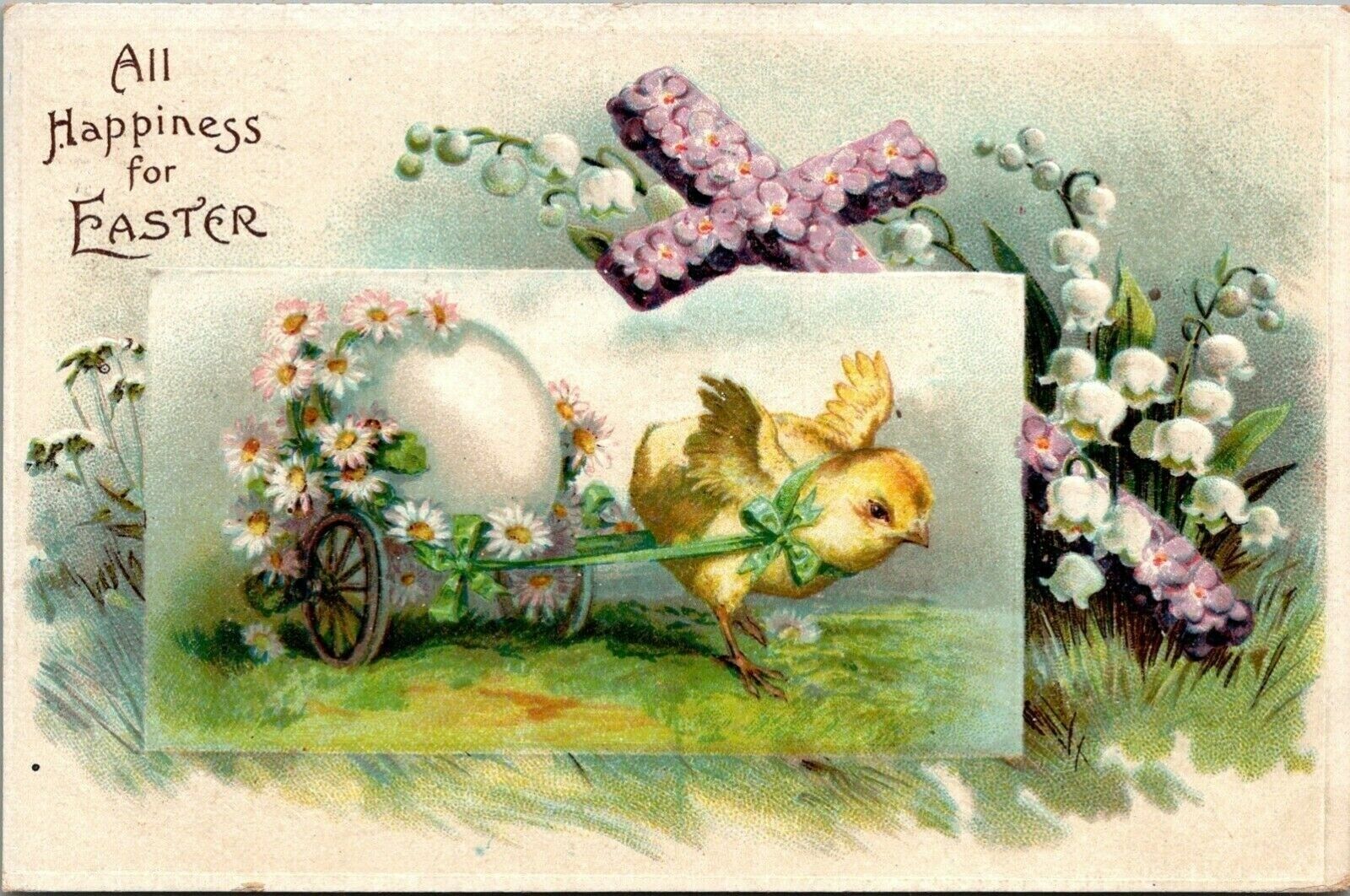 Clapsaddle Easter~Chick Pulls Daisy Egg Cart~Lily of Valley~Violet Cross~Emboss