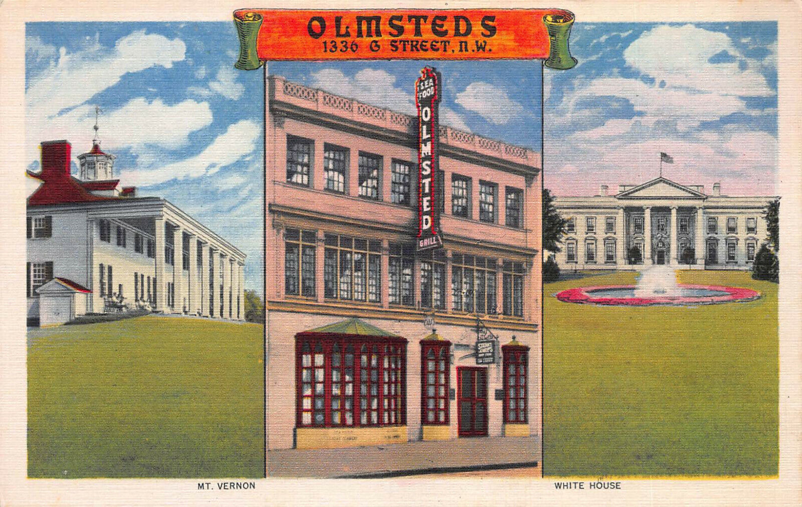 Olmstead's Restaurant, Washington, D.C., Early Linen Postcard, Unused