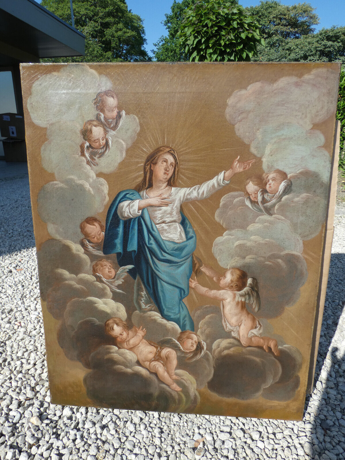 Antique 19thc French oil canvas relined painting Assumption virgin mary angels
