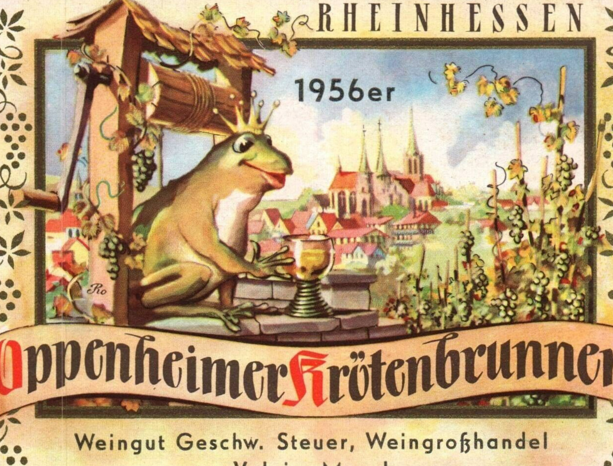 Anthropomorphic Frog King Oppenheimer Rheinhessen 1956er German Wine Label