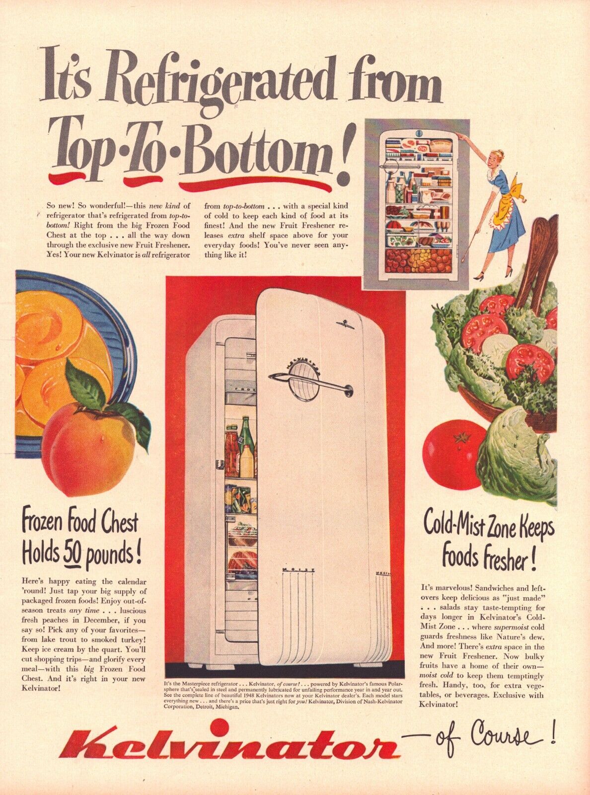 1948 Kelvinator Refrigerator Vintage Ad Fruit Vegetables Woman Kitchen