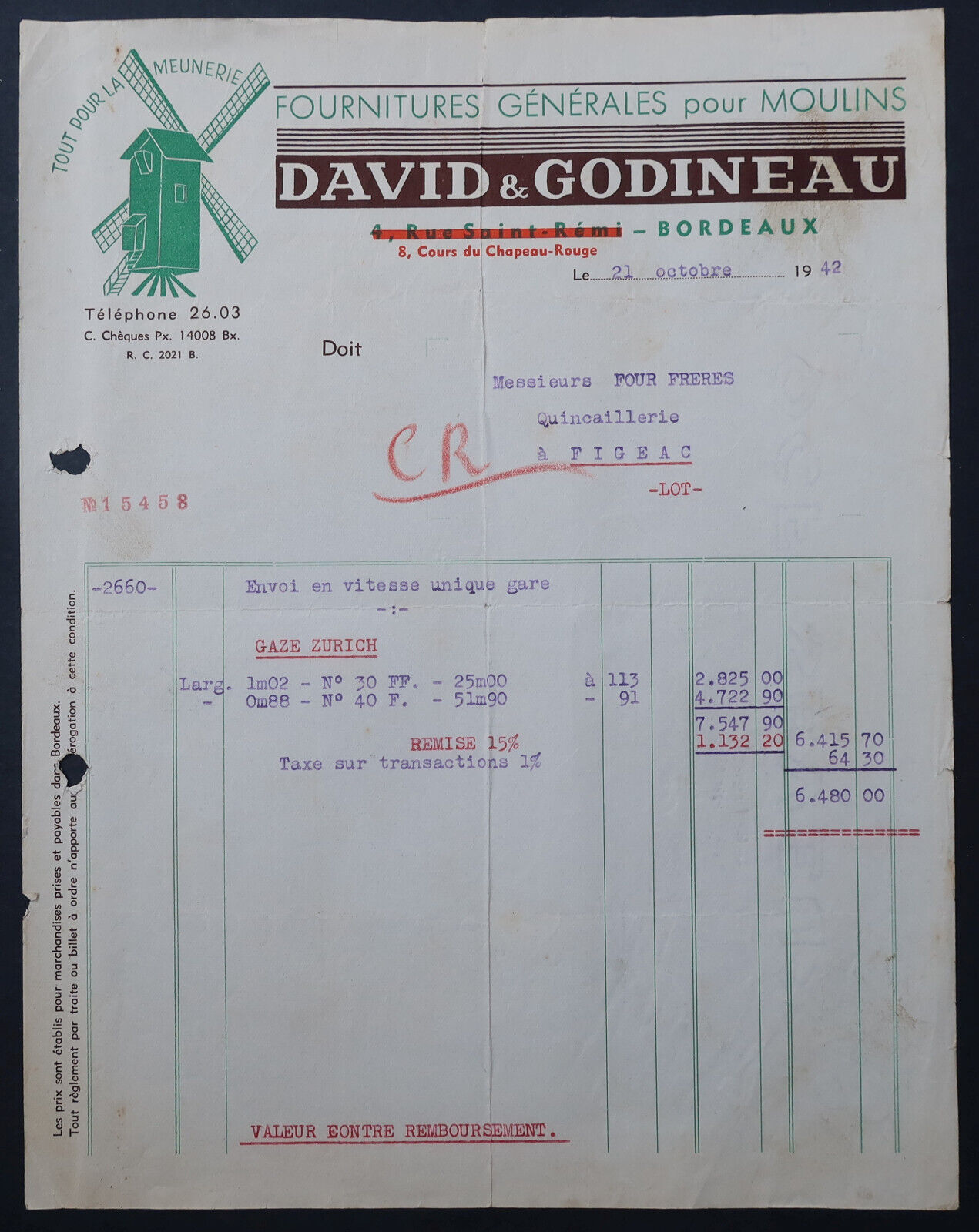1942 BORDEAUX invoice supply for MILLS DAVID & GODINEAU billhead 155
