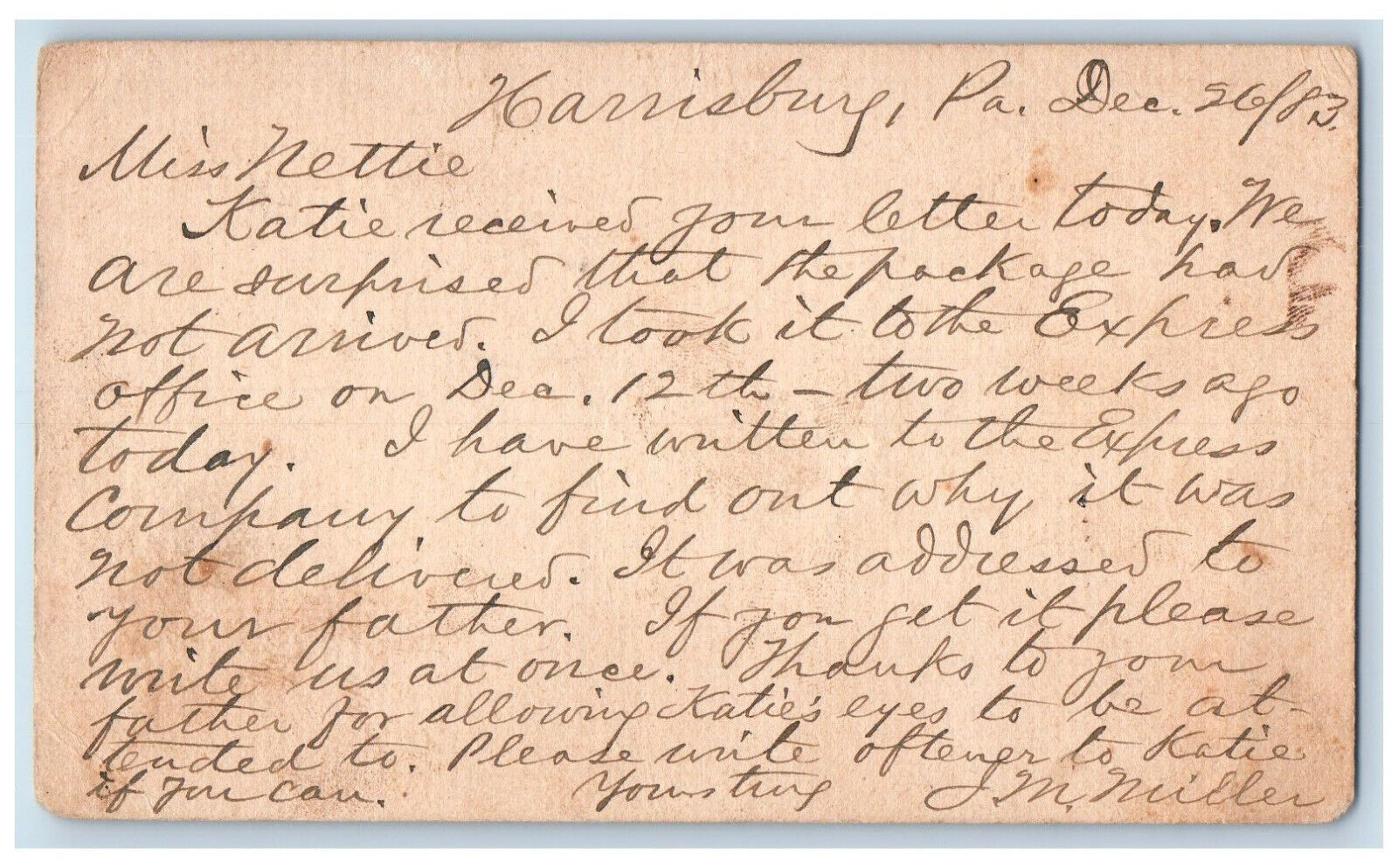 1883 JM Miller Nettie Harrisburg Pennsylvania PA Clinton Iowa IA Postal Card