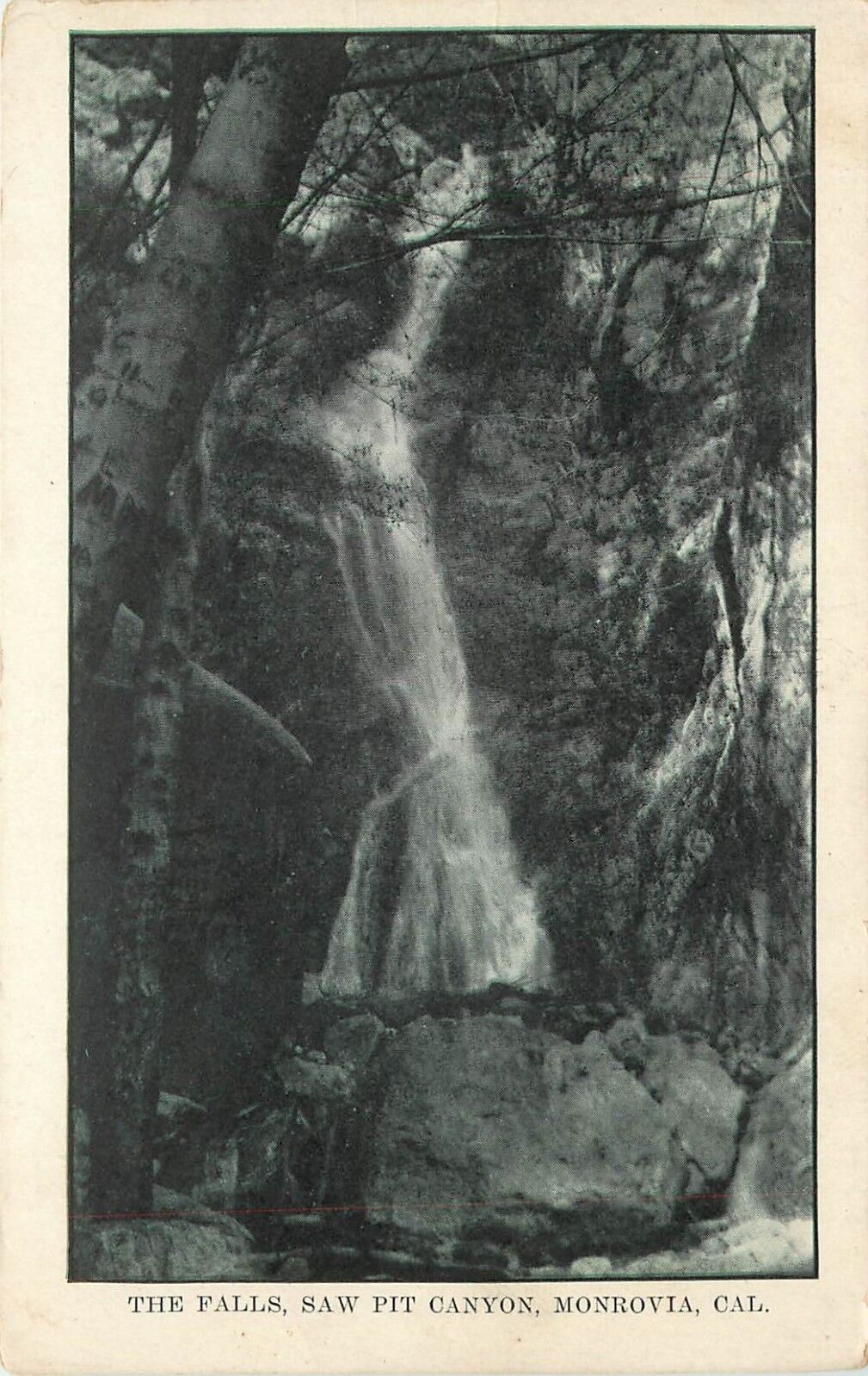 1912 Postcard Saw Pit Canyon Falls, Ad for Orr Cyclery 515 S. Myrtle Monrovia CA