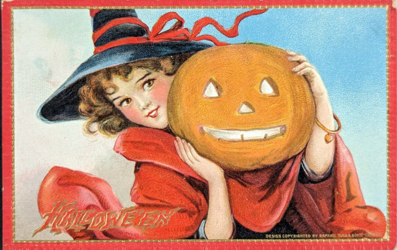 Postcard Vintage Halloween Tucks Red Witch Hat Girl Holding JOL 1910