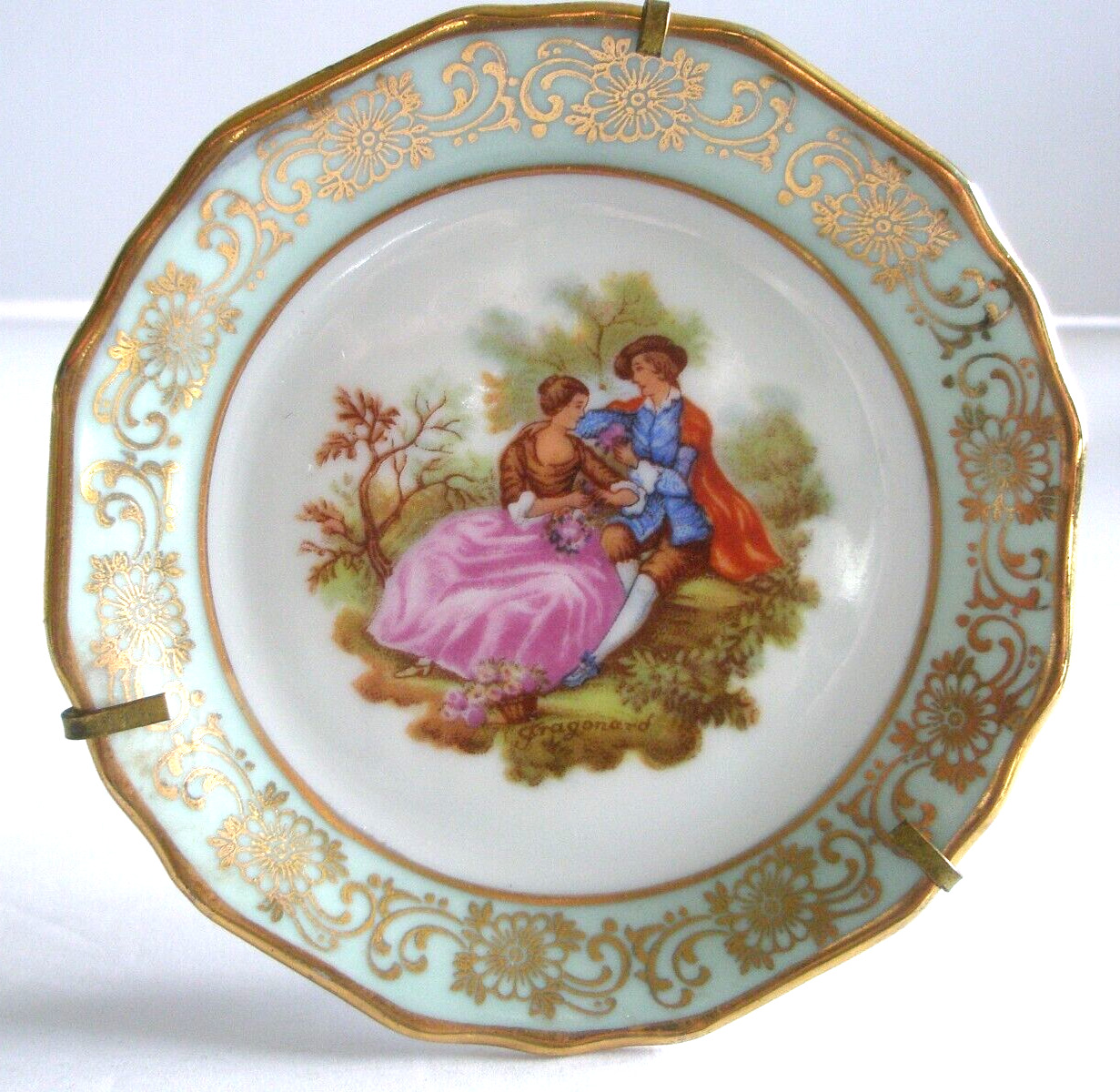 Limoges Decorative Plate  With Stand Courting Couple Small Gold Trim
