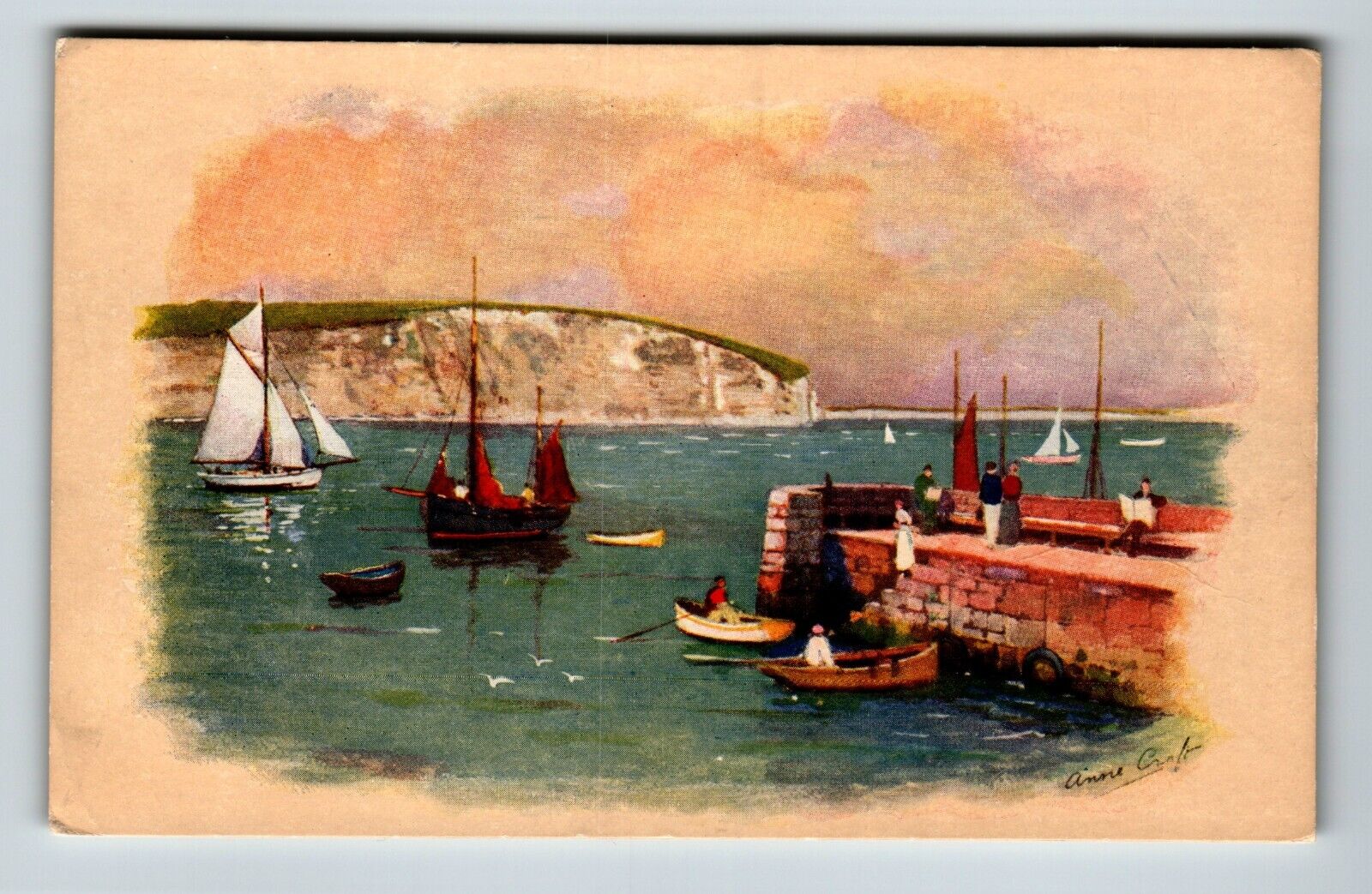 The jetty, Swanage - Boat scene artist signed UK postcard