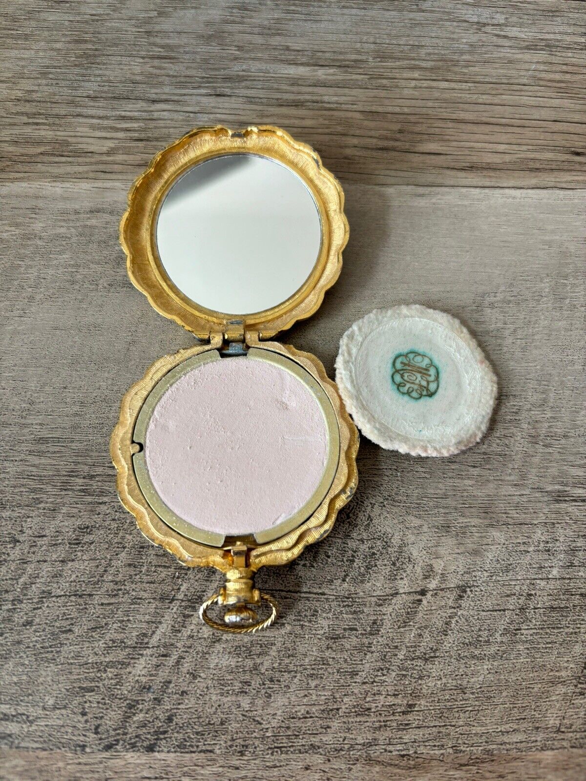 1950s Vintage Max Factor Gold Tone Pocket Watch Style Powder Compact with puff
