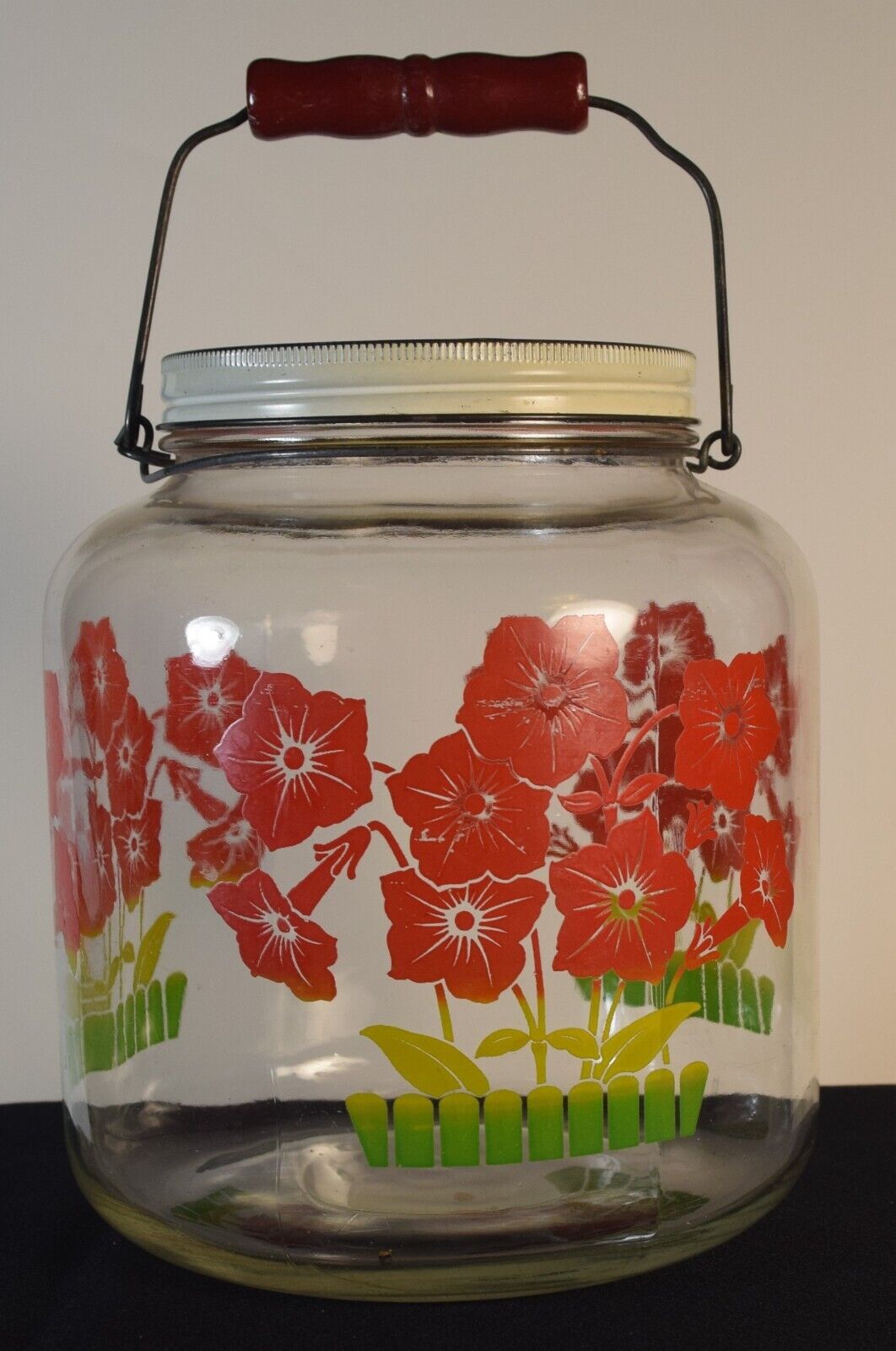 Vintage Hoosier-Style Large Glass Jar Wood Handle Metal Lid Morning Glories  
