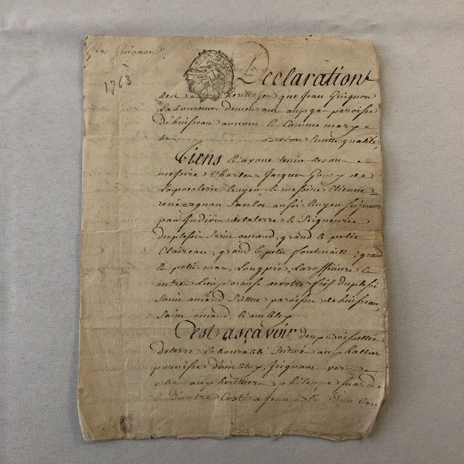 Antique Hand Written French Document Dated 1763 Beautiful Early Letter