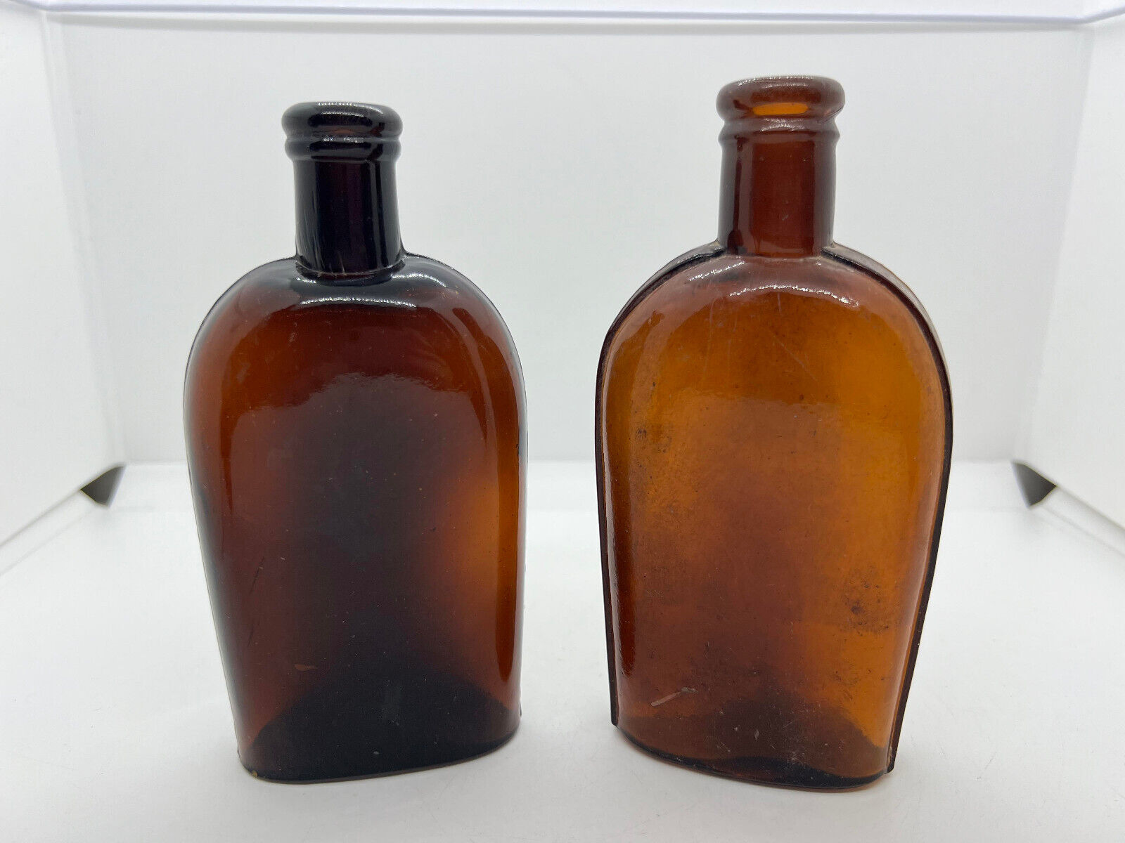 Amber Blown Strap Side Whiskey Flask Bottle 1890s Crude Half Pt 2 FLASKS Pretty