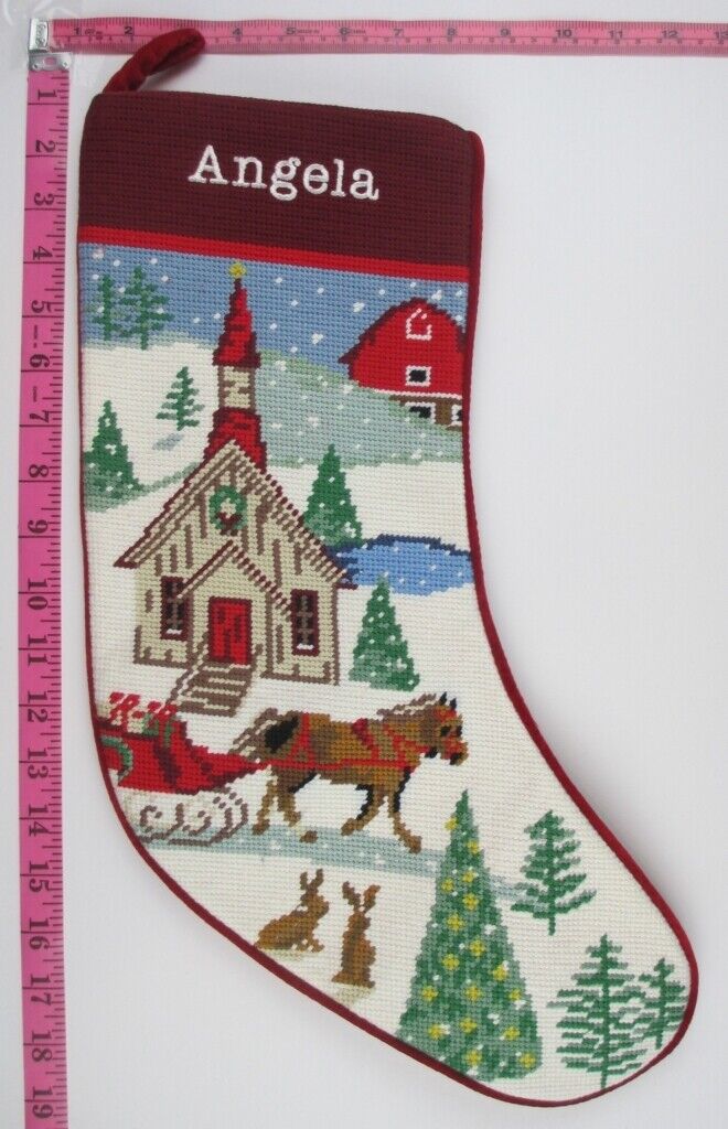 LANDS END Holiday Village Polyester Needlepoint Christmas Stocking ANGELA NEW