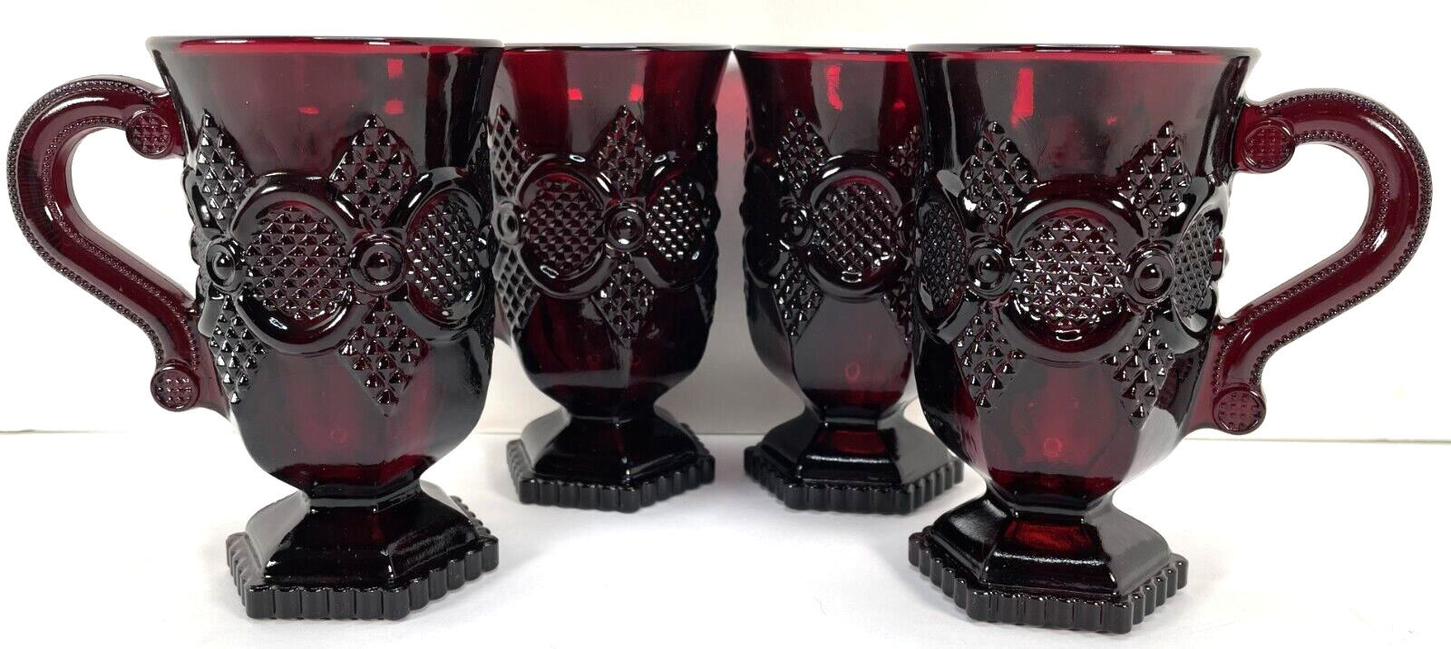 Avon 1876 Cape Cod Ruby Red Glass Pedestal Drinking Cup Mug Vintage Set of 4