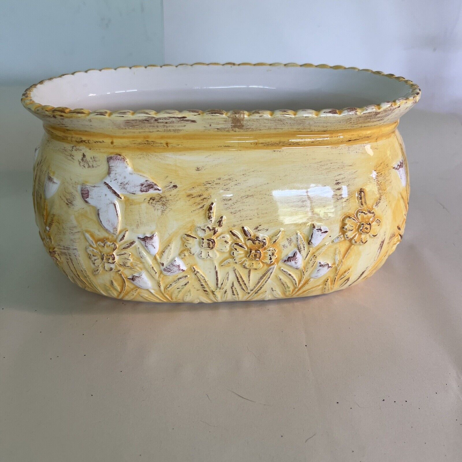 Oval Yellow/ White Butterfly Floral Design Planter Ceramic Scalloped Edges