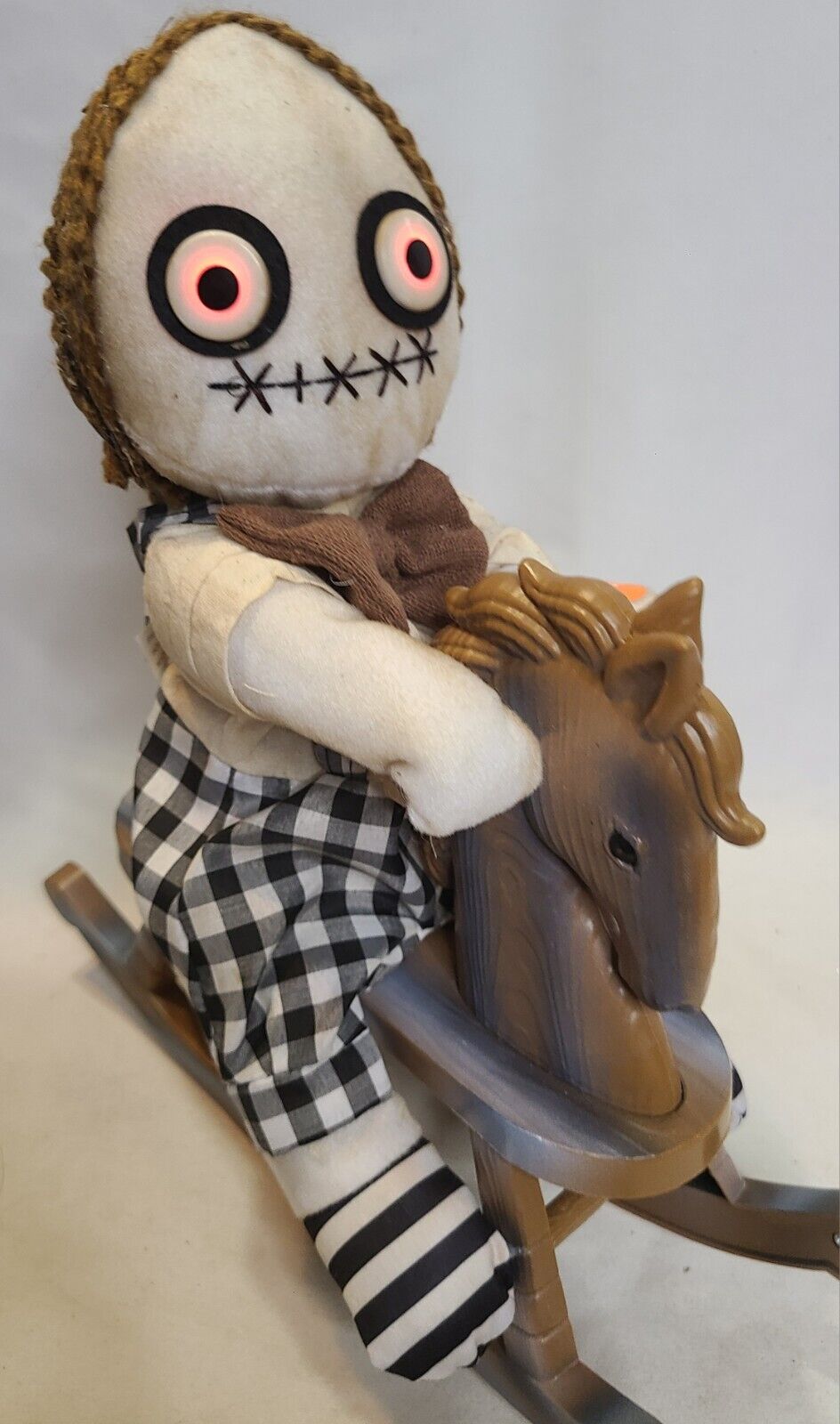 Creepy Scary Rag Doll Boy on Rocking Horse Animated Light Up Eyes Halloween Prop