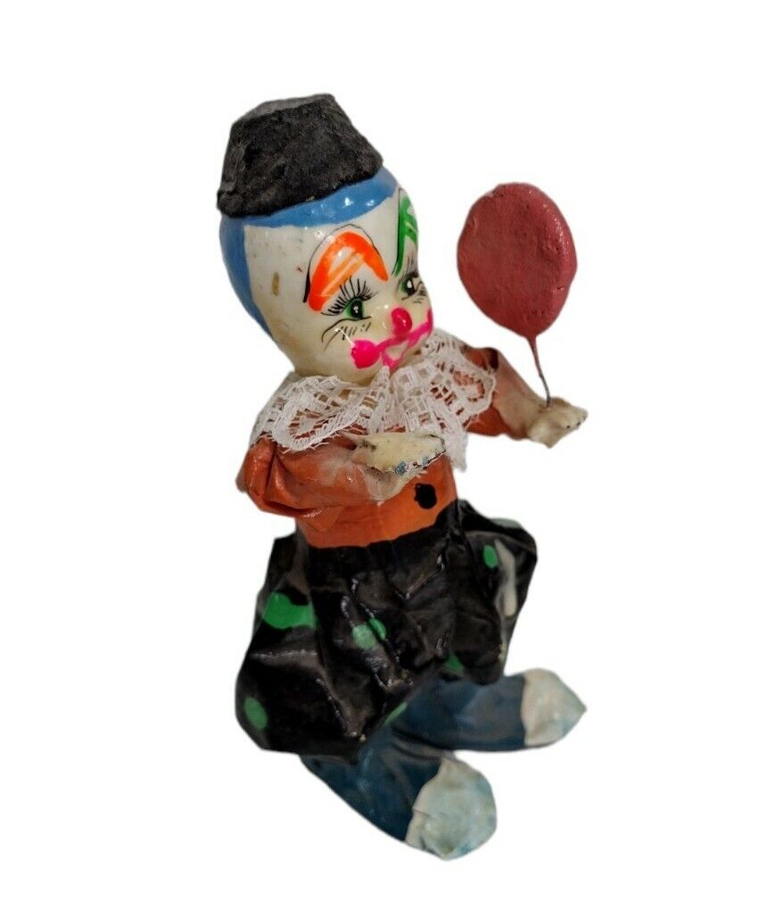 70s Vintage Folk Art Paper Mache Clown Figurine Holding Large Lollipop