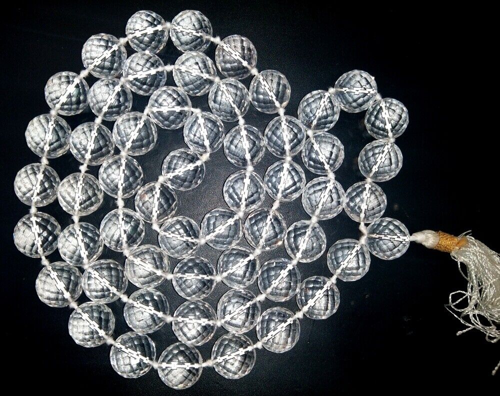 Sphatik Mala / Crystal Quartz Mala - Diamond Cutting - 55 Beads - 15 MM