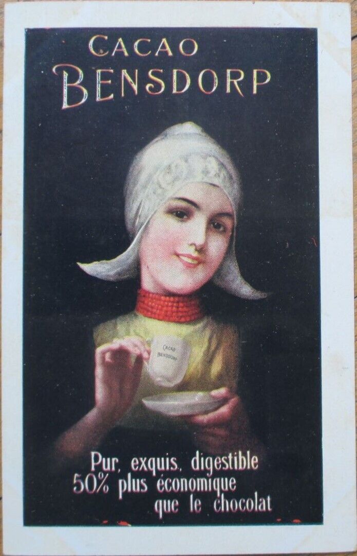 Cacao Bensdorp 1910 Advertising Postcard, Dutch Woman Drinking Coco