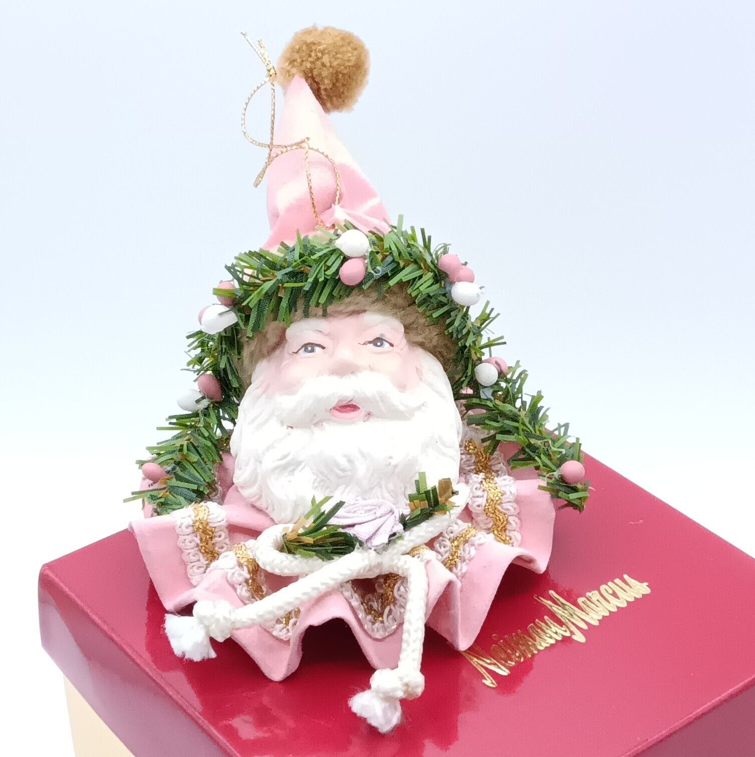 VTG Neiman Marcus Pink Fabric Mache Victorian Santa Head Ornament In Box