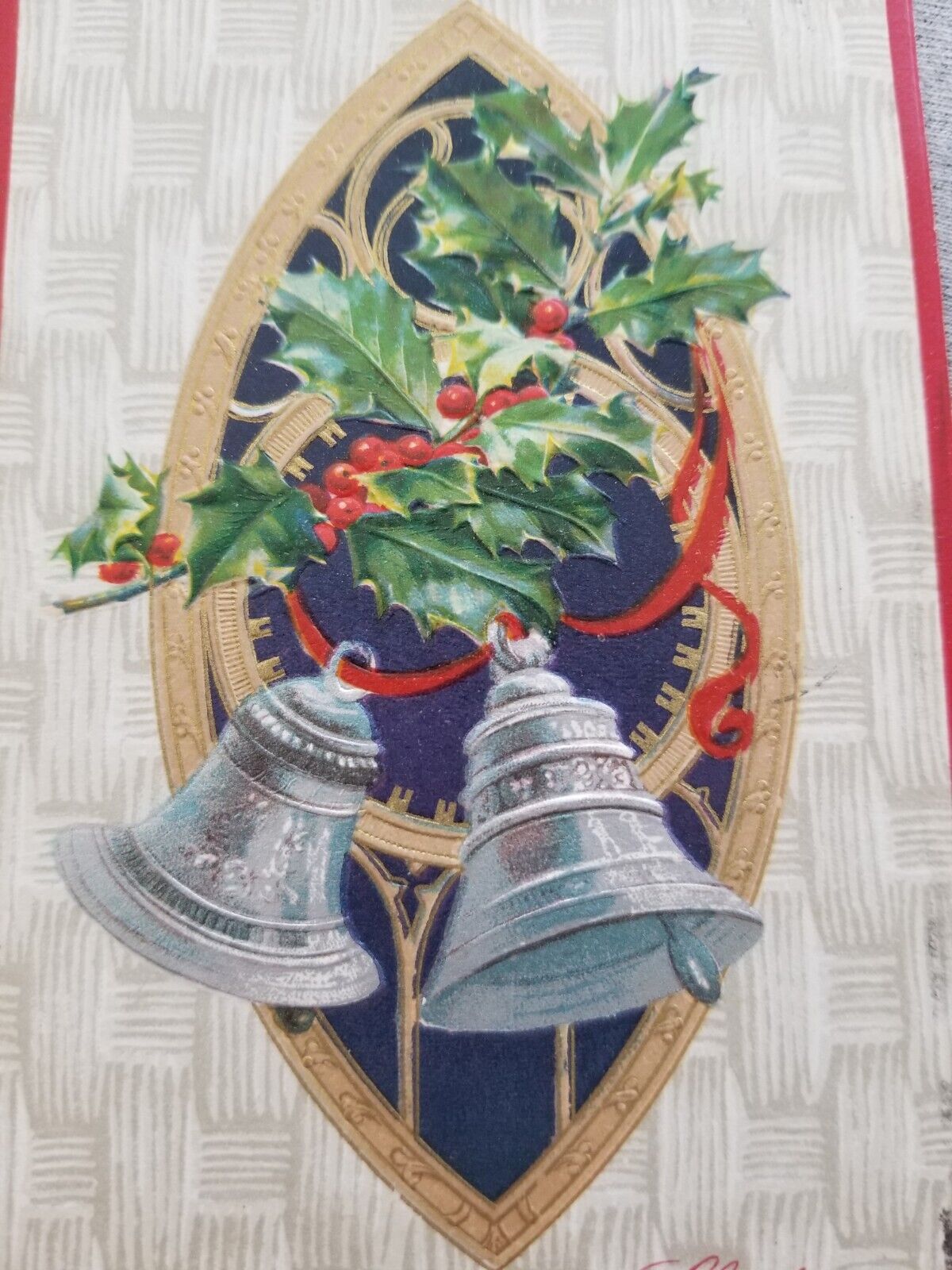 Antique Christmas Postcard Silver Bells Holly Berries Embossed 1908 Winsch Back