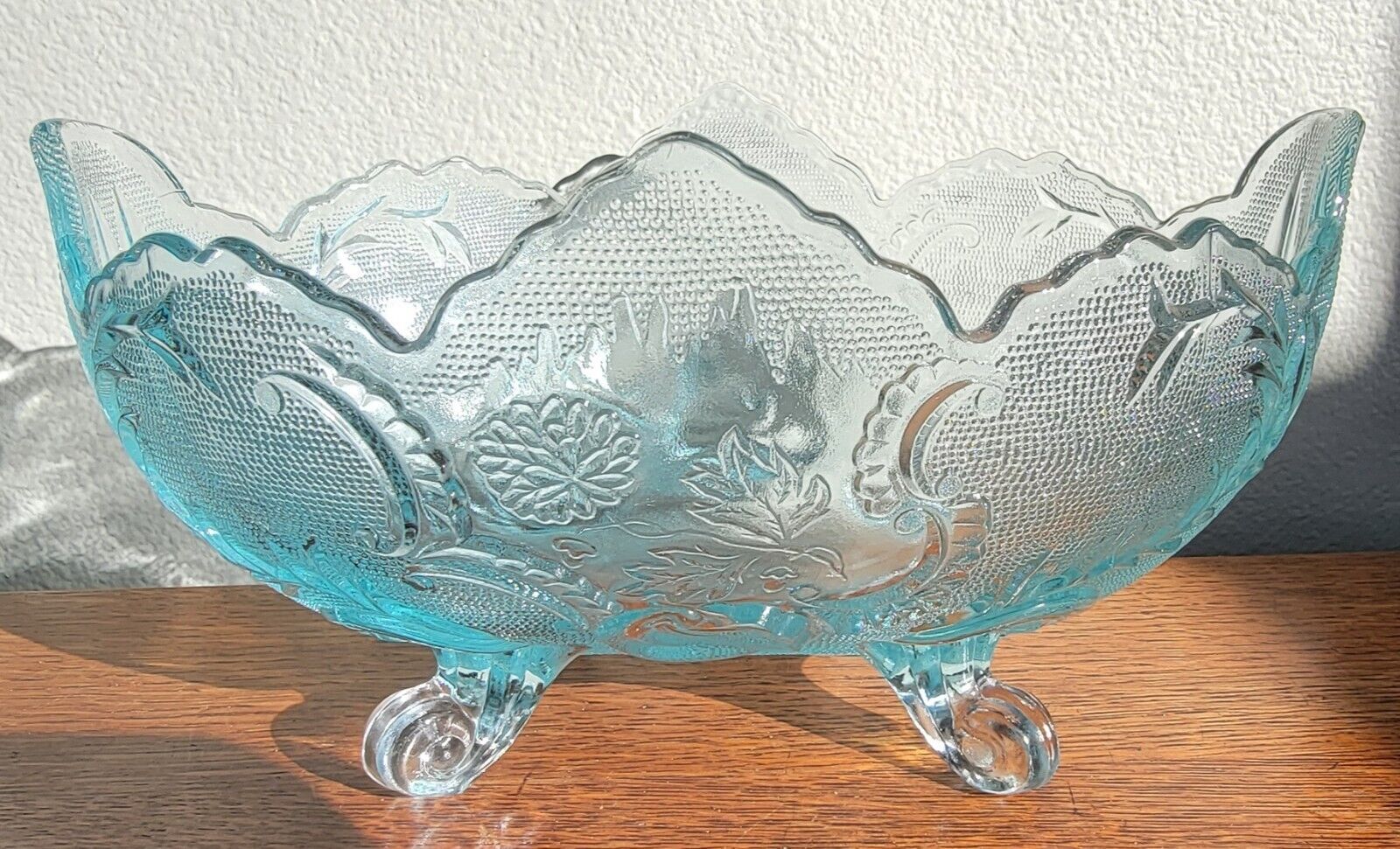 Fruit Bowl Footed Oval Starlight Ice Blue Jeannette Lombardi Glass Vintage
