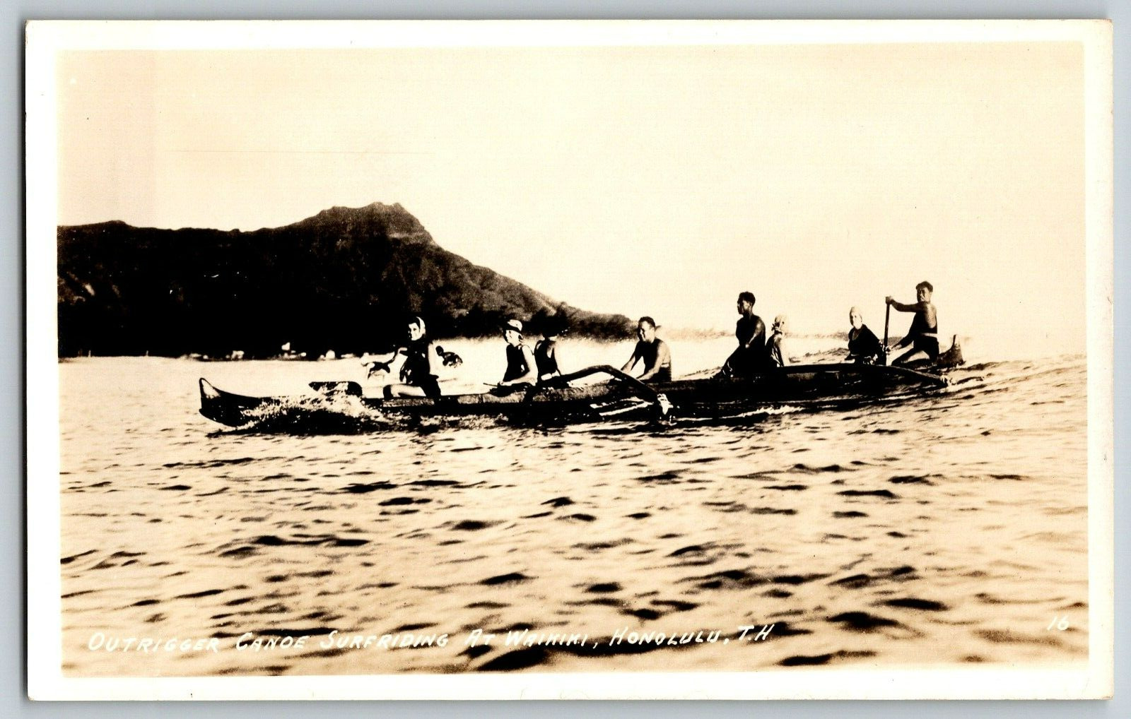 RPPC Real Photo Postcard - Outrigger Canoe Surfriding Waikiki, Honolulu Hawaii