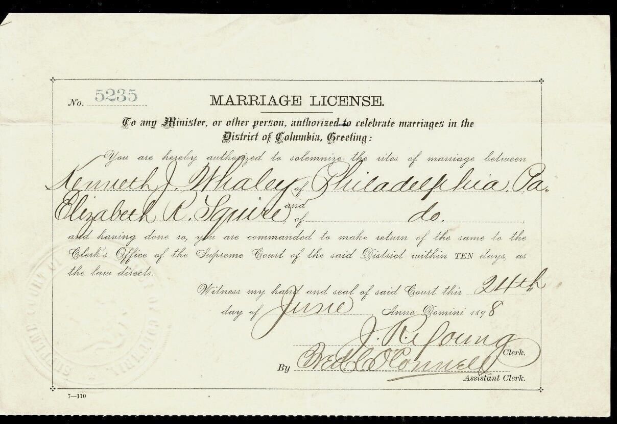 1898 antique MARRIAGE LICENSE philadelphia pa KENNETH WHALEY-ELIZABETH SQUIRE