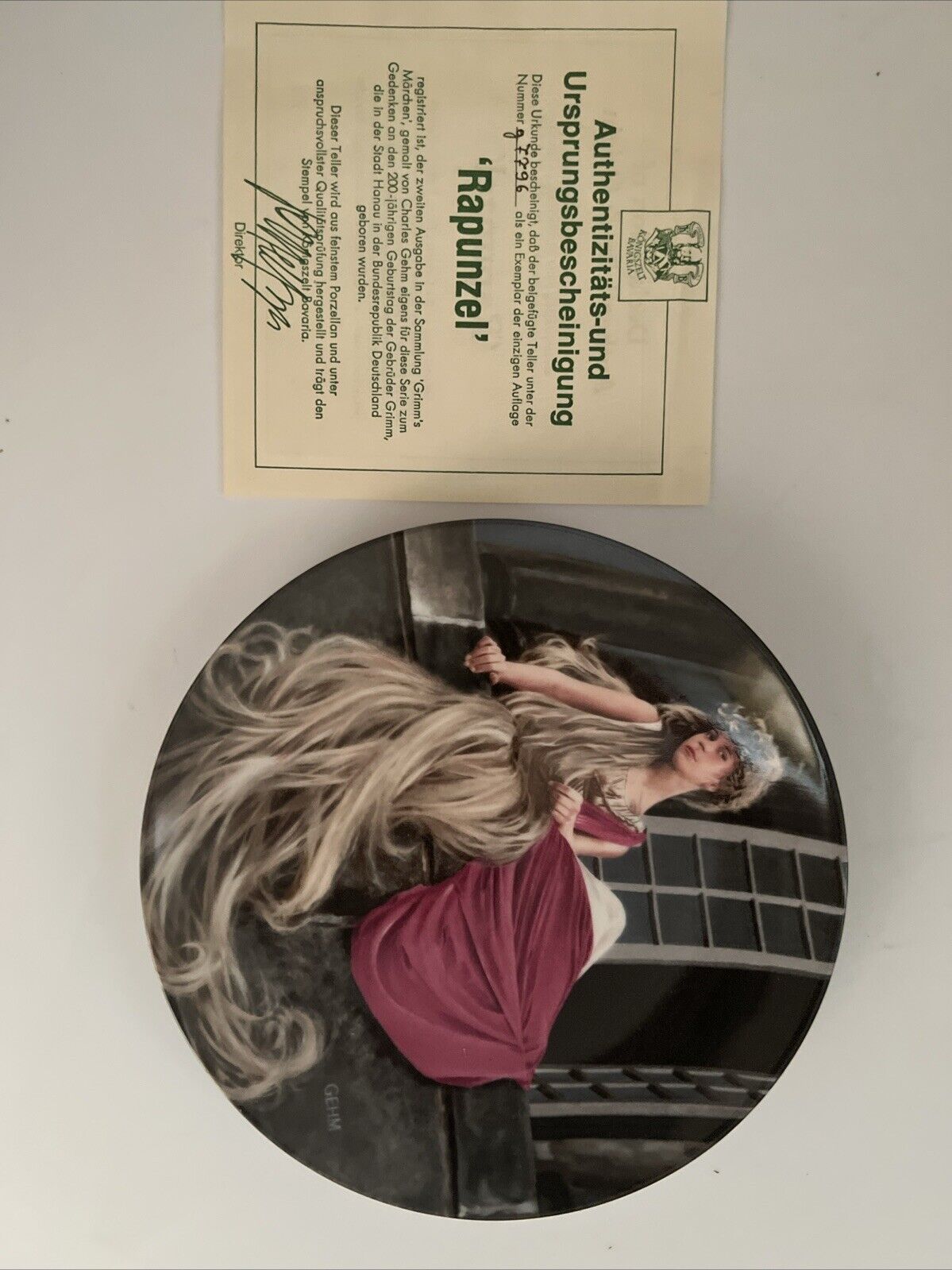 Rapunzel -Charles Gehm Konigszelt Bavaria Collectors Plate w COA NIB never used