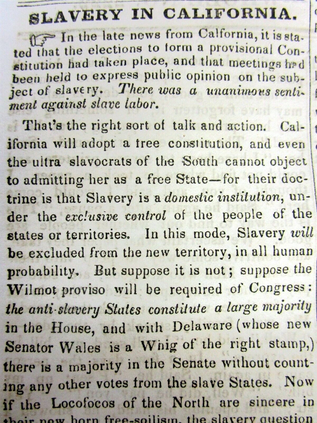1849 newspaper BANNING of SLAVERY in CALIFORNIA at the time of the GOLD RUSH