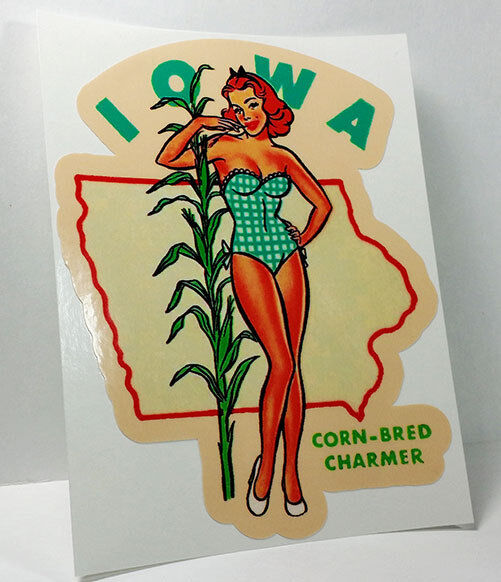 Iowa Pinup Vintage Style Travel Decal, Vinyl Sticker, Luggage Label