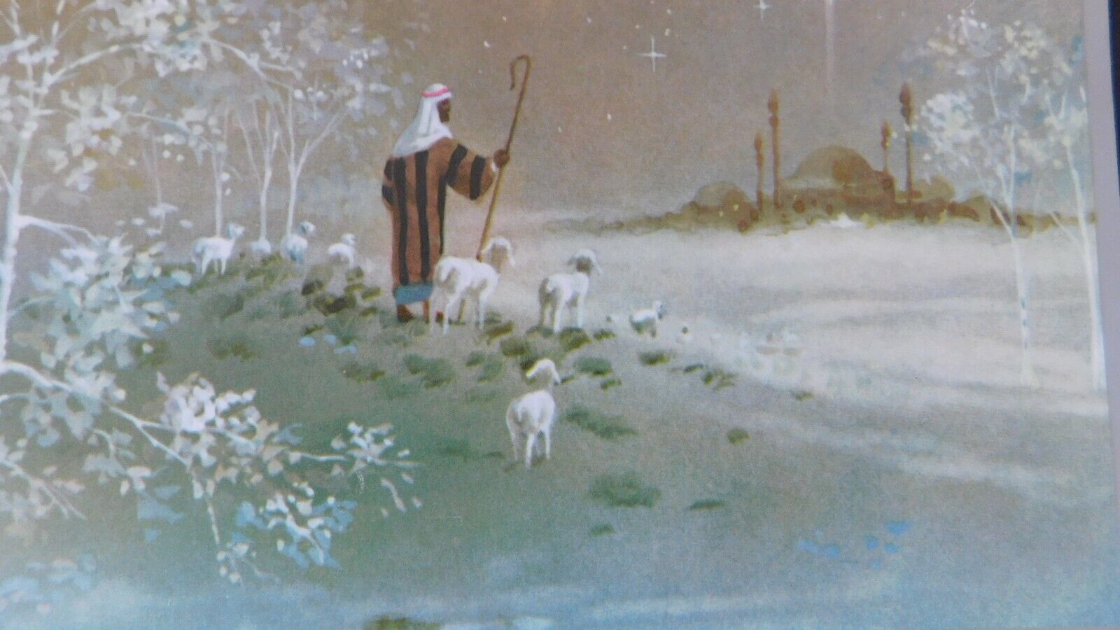 Beautiful Vintage Christmas Card Shepherd, Lambs, Star of the East C144