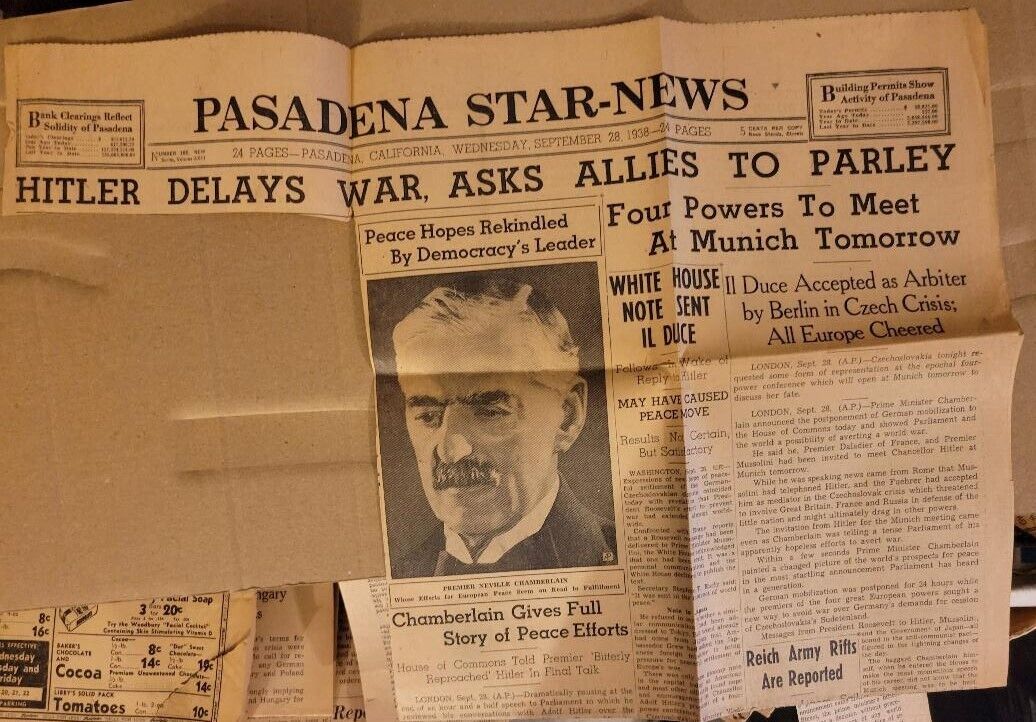 1938 HITLER WAR PLANS WWII PASADENA STAR NEWS ORIGINAL NEWSPAPER CLIPPING