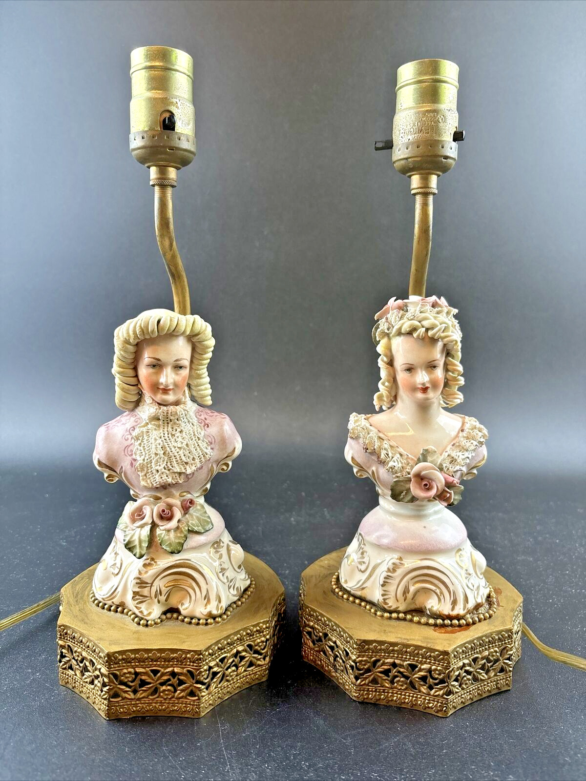 Pair 1940’s CORDEY Porcelain Lady & Gentleman Figural Bust Lamps w/lace 13\