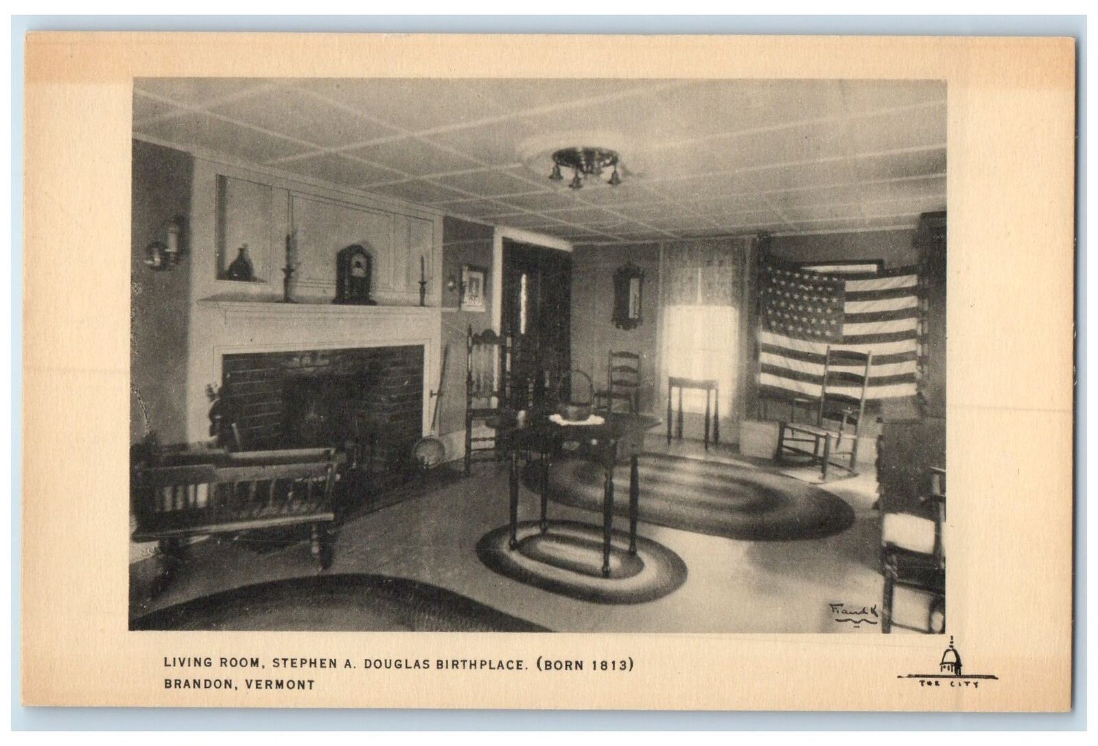 c1940s Living Room Interior Stephen A. Douglas Brandon Vermont VT Flag Postcard