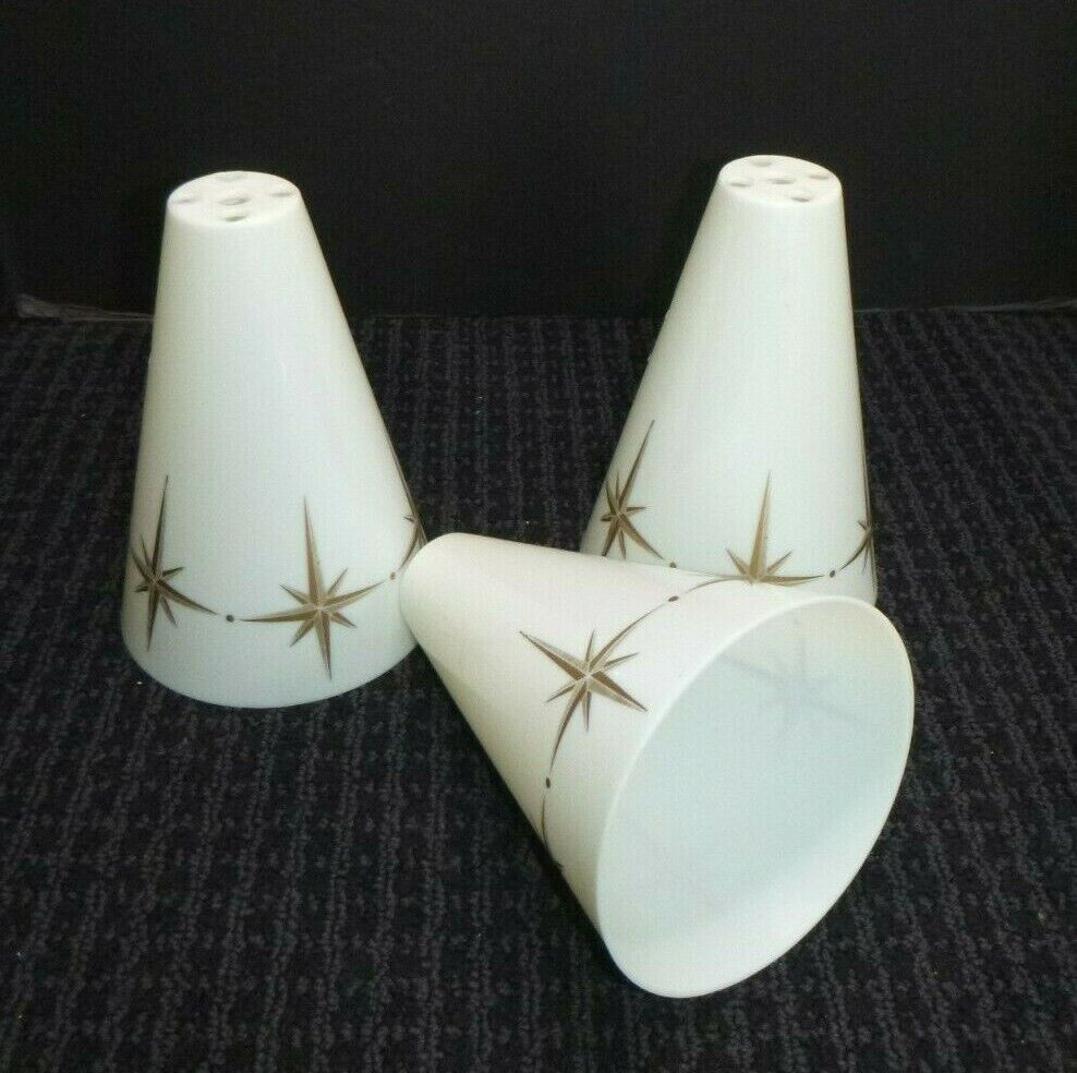 3 NOS Vtg Mid Century White Plastic Tension Pole Lamp Cone Shade Gold Starbursts
