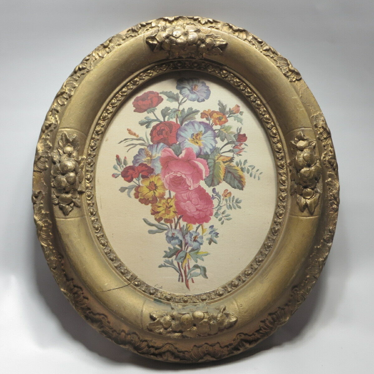 Antique Victorian Picture Frame Oval Gilt Gesso Carle Botanical Floral Print