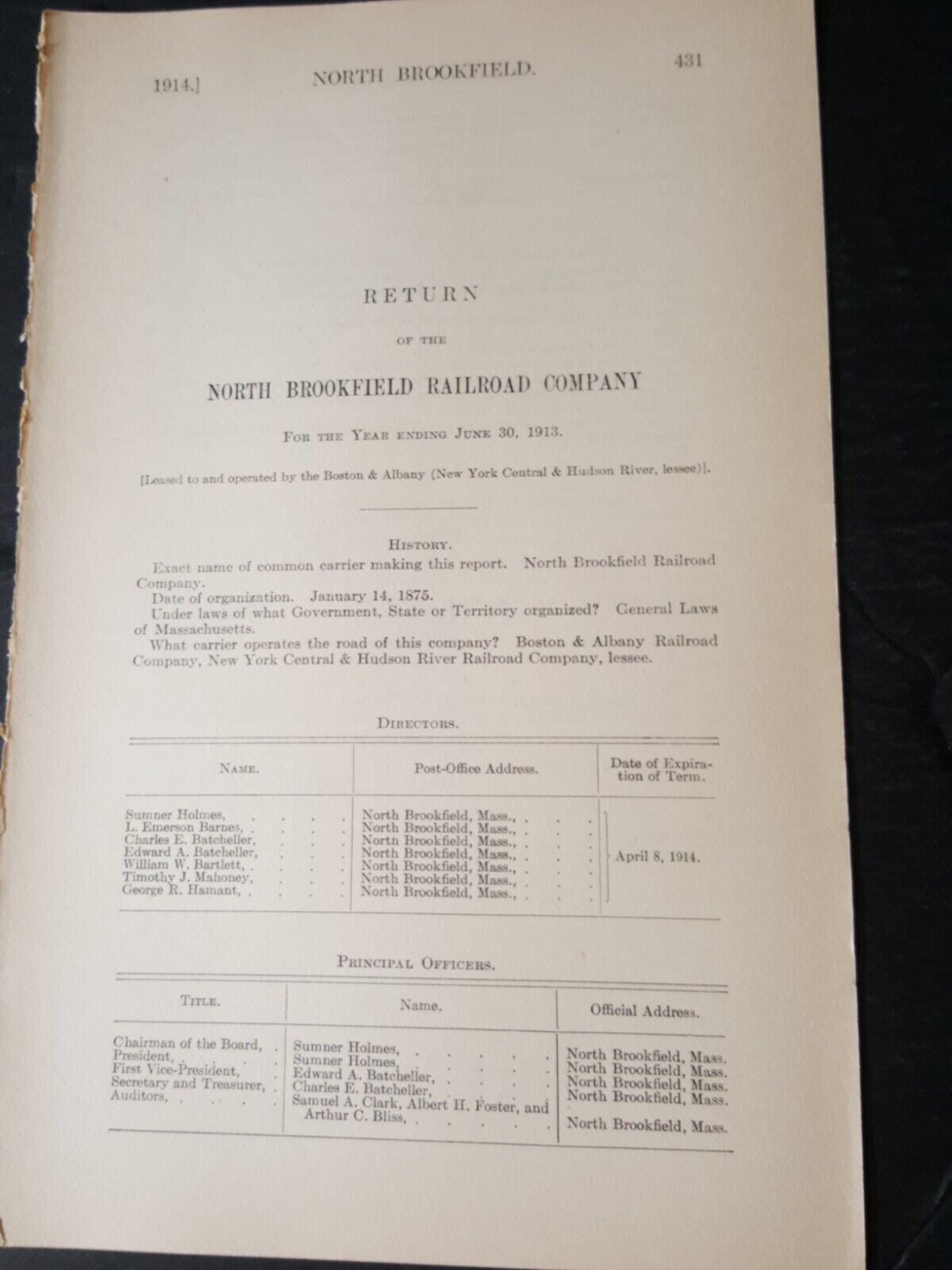 1913 train report return NORTH BROOKFIELD RAILROAD Massachusetts Sumner Holmes 