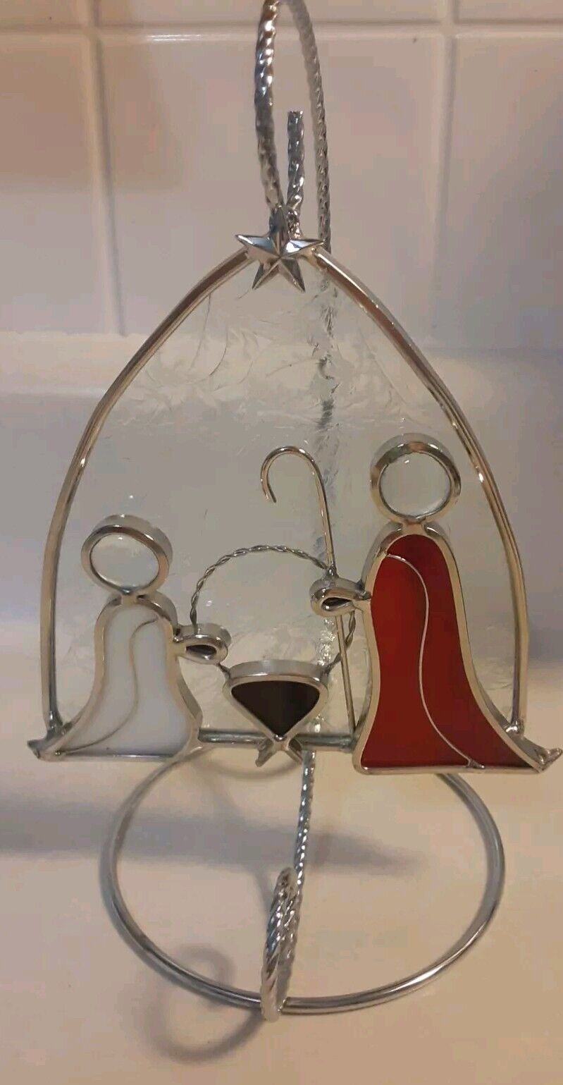 Vintage Nativity Scene Stained Glass Suncatcher W/Stand Ornate Decor Ornament