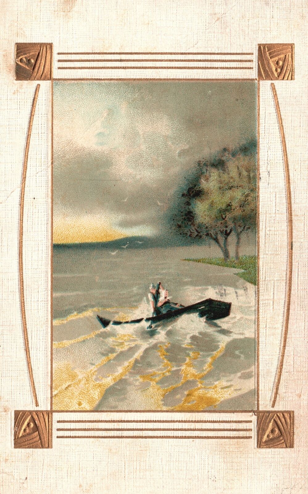 Vintage Postcard 1911 Canoeing Ocean Water Adventure Golden Border Souvenir